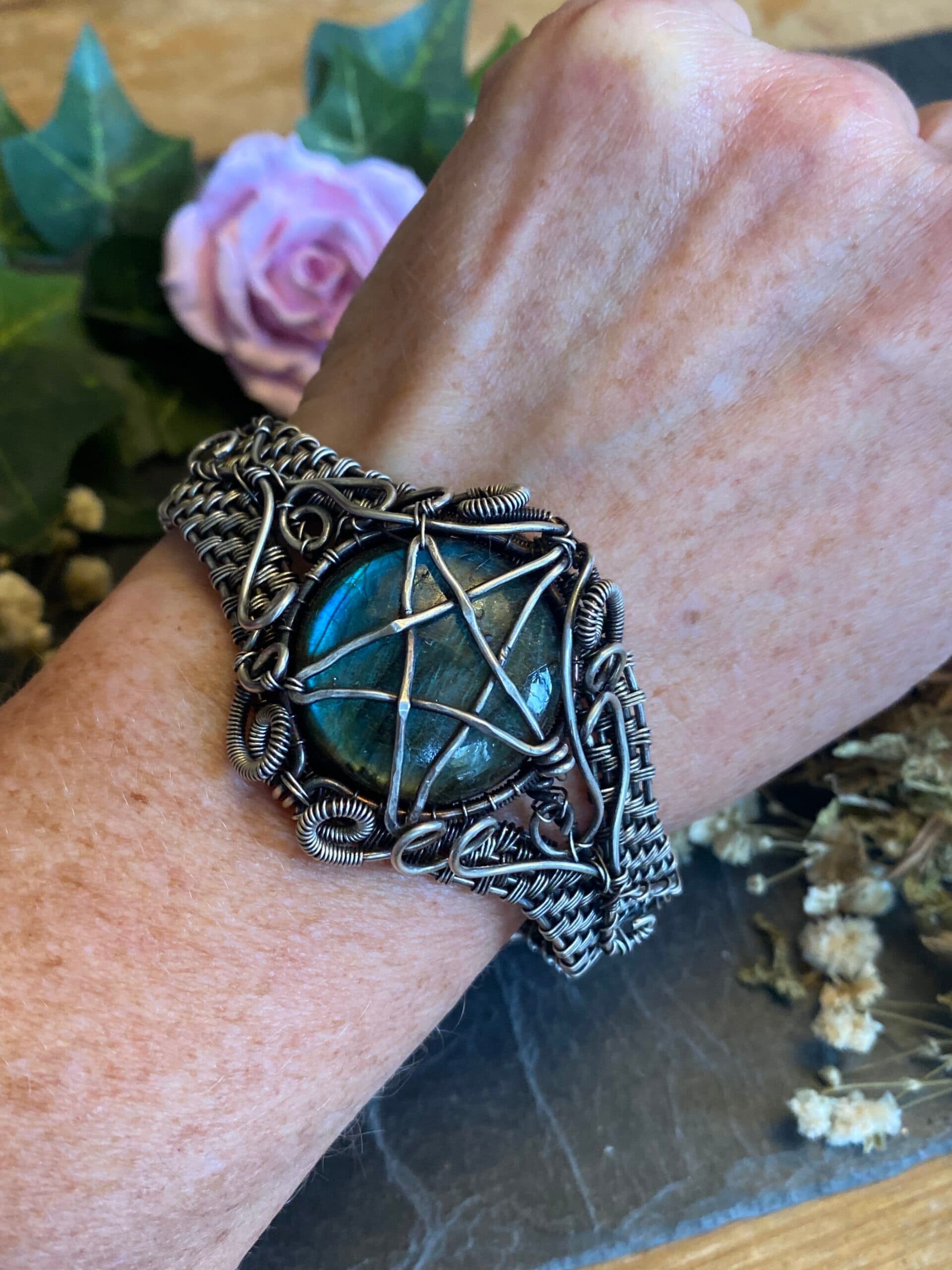 Labradorite Pentagram Cuff Bracelet | Silver Filled Wiccan Jewellery, view 8