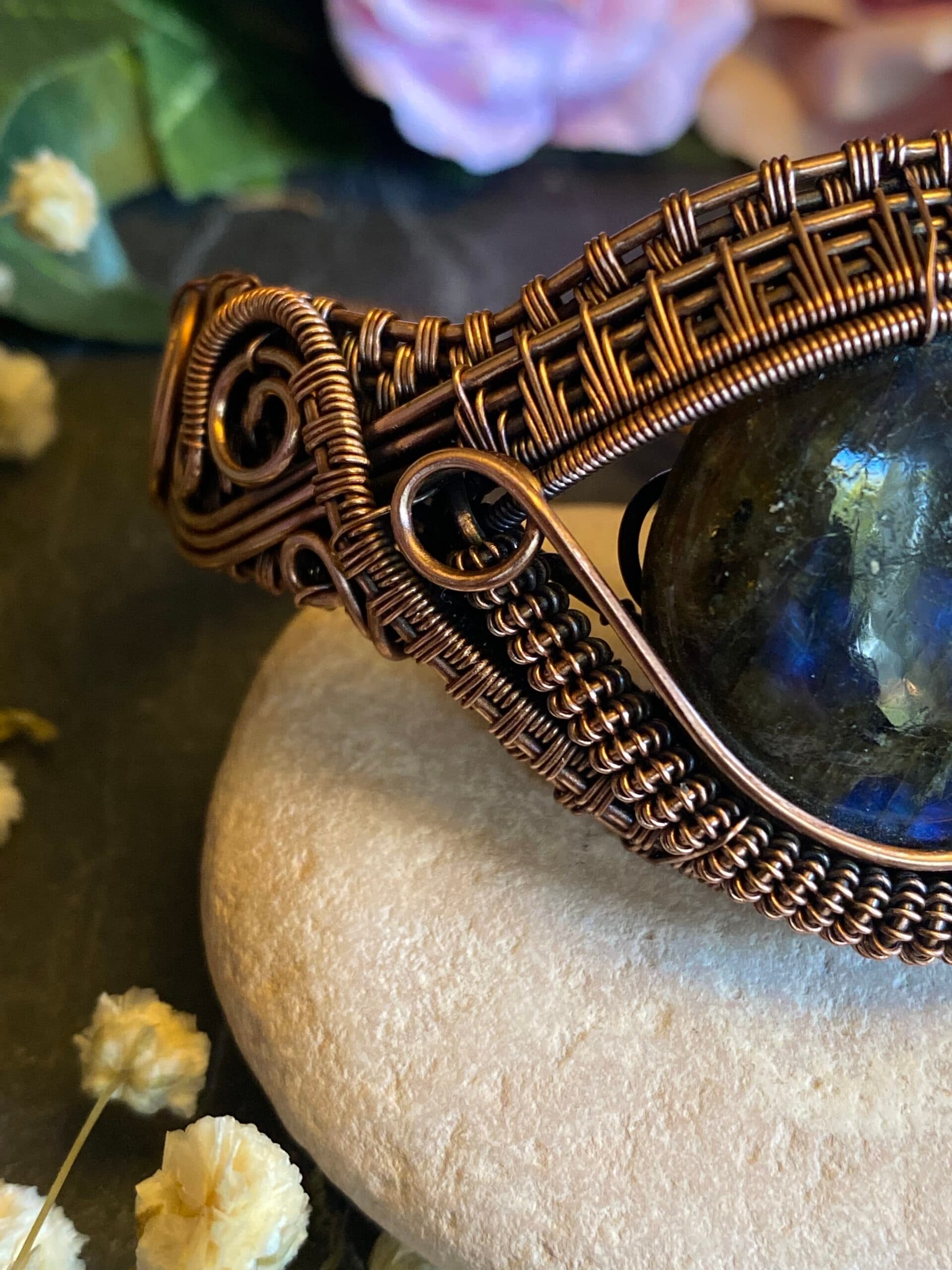 Labradorite Eye Cuff Bracelet | Antiqued Copper Wire Jewellery, view 3