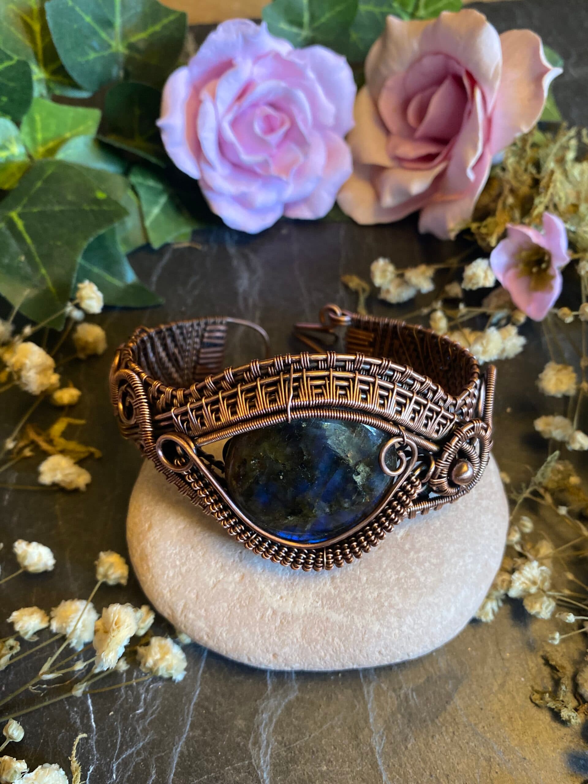Labradorite Eye Cuff Bracelet | Antiqued Copper Wire Jewellery, view 4