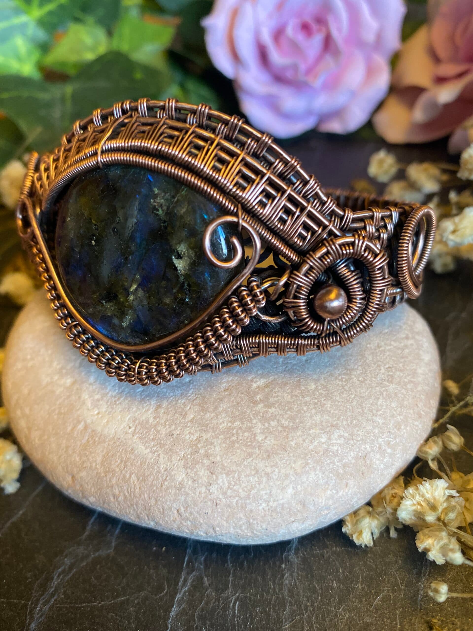 Labradorite Eye Cuff Bracelet | Antiqued Copper Wire Jewellery, view 5