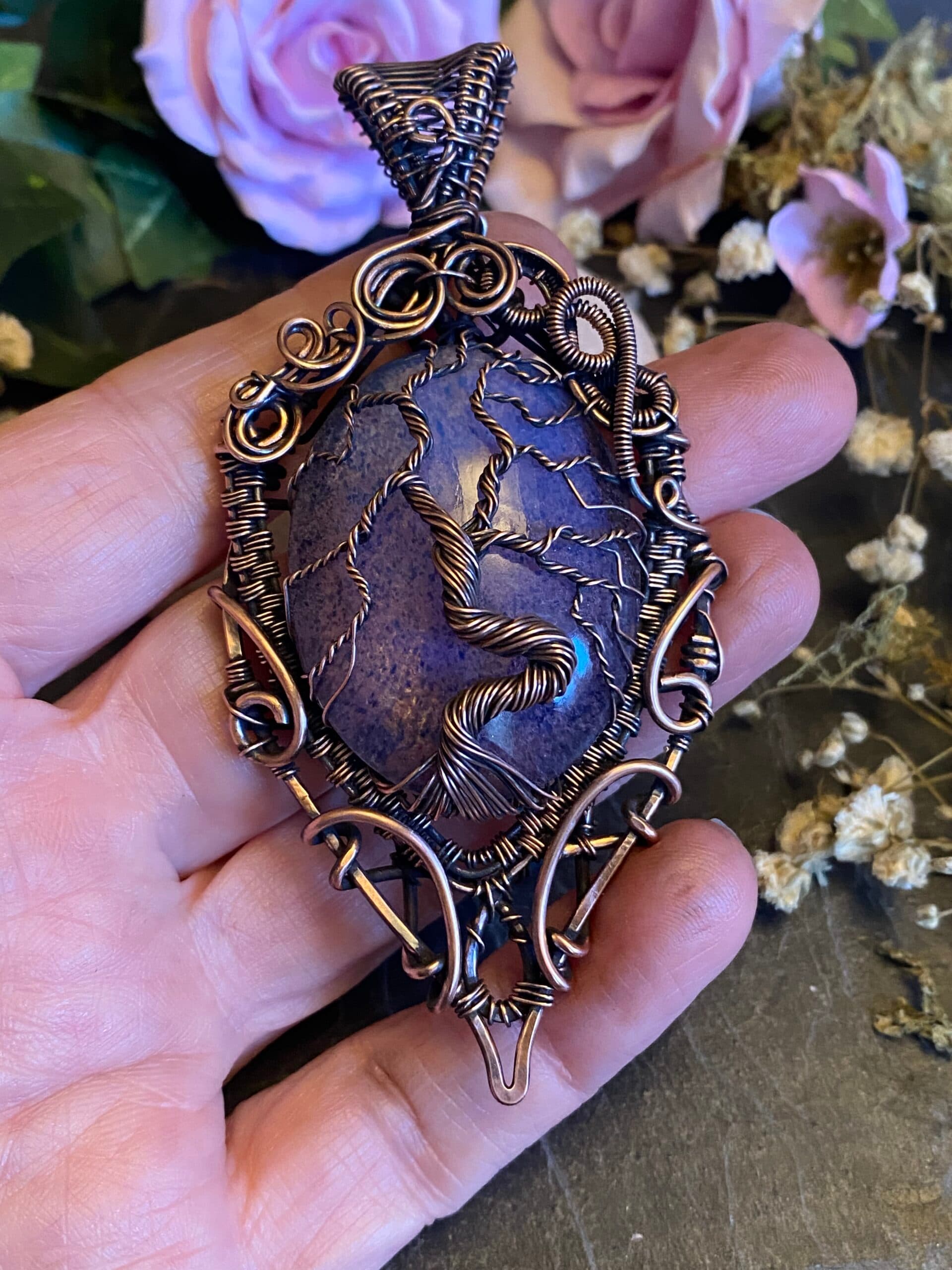 Purple Tree of Life Pendant | Vintage Preciosa Glass & Copper Wire, view 4