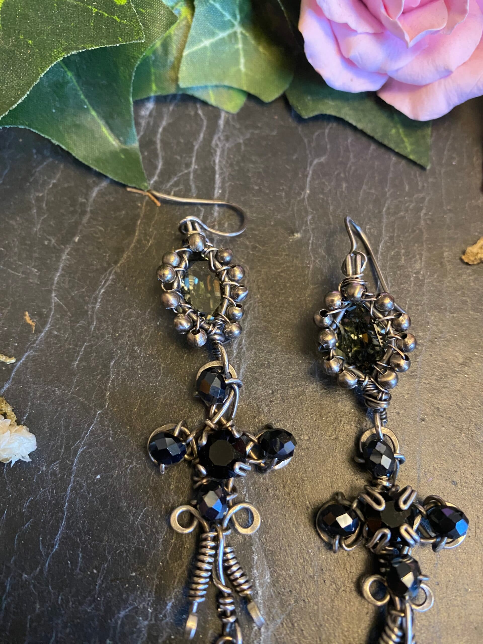 Gothic Black & Grey Swarovski Earrings | Antiqued Silver Filled Wire, view 3