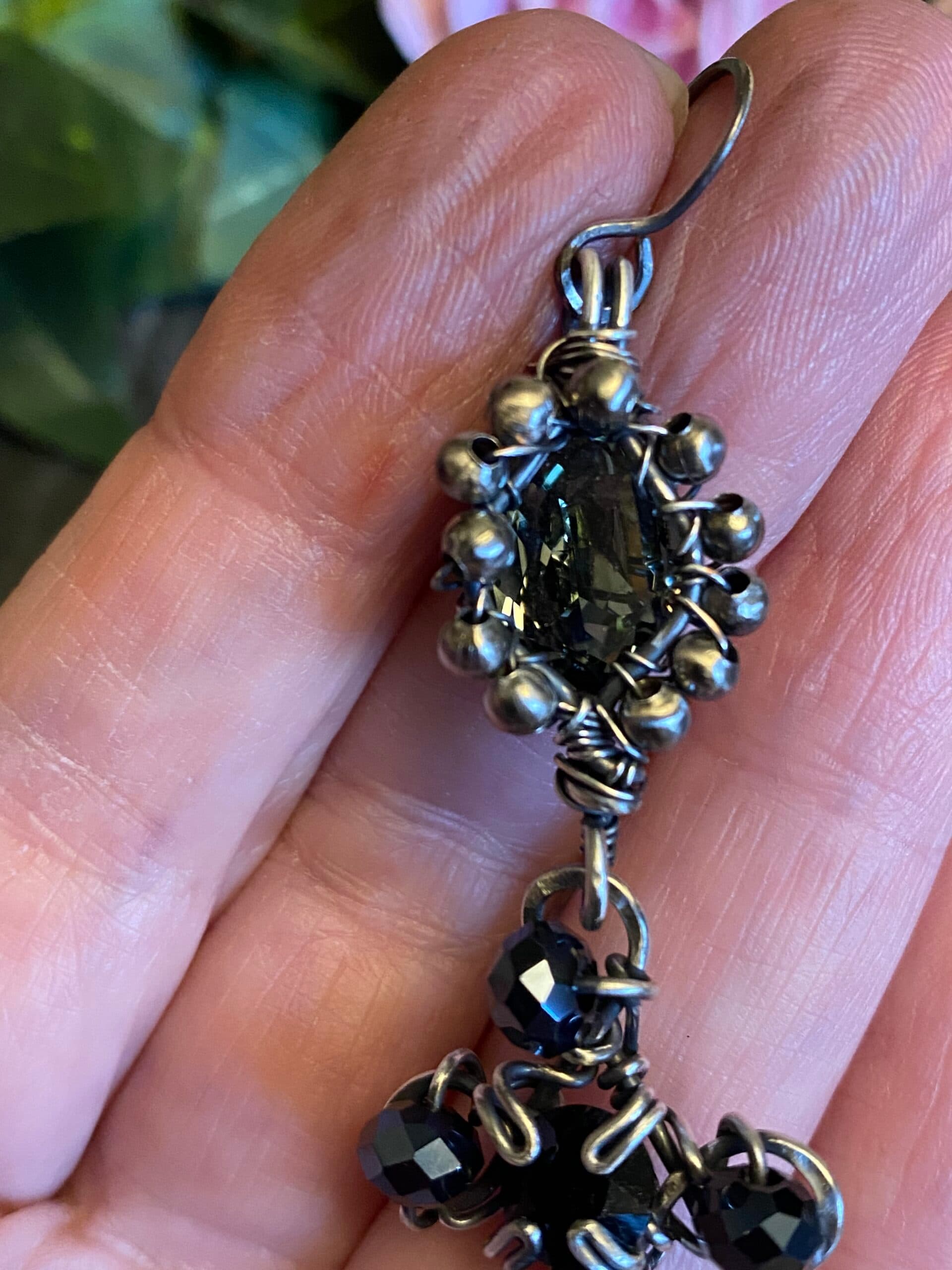 Gothic Black & Grey Swarovski Earrings | Antiqued Silver Filled Wire, view 5