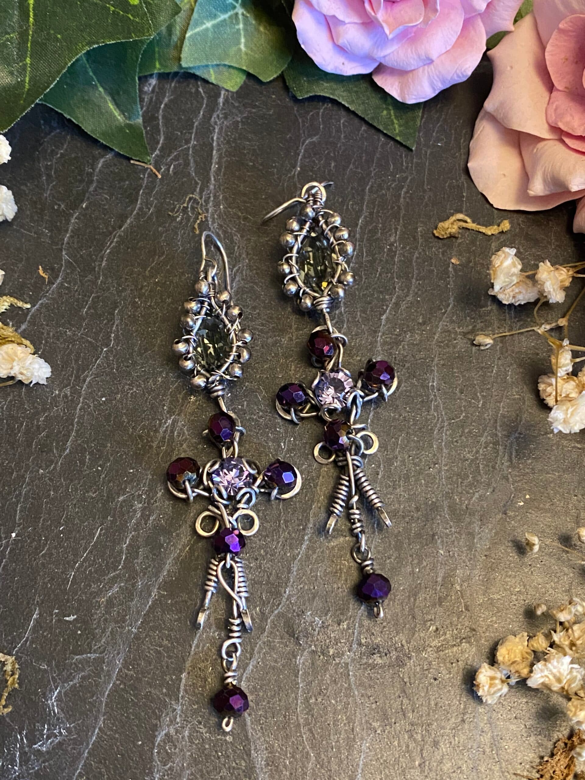 Gothic Purple Swarovski Earrings | Antiqued Silver Filled Wire, view 2