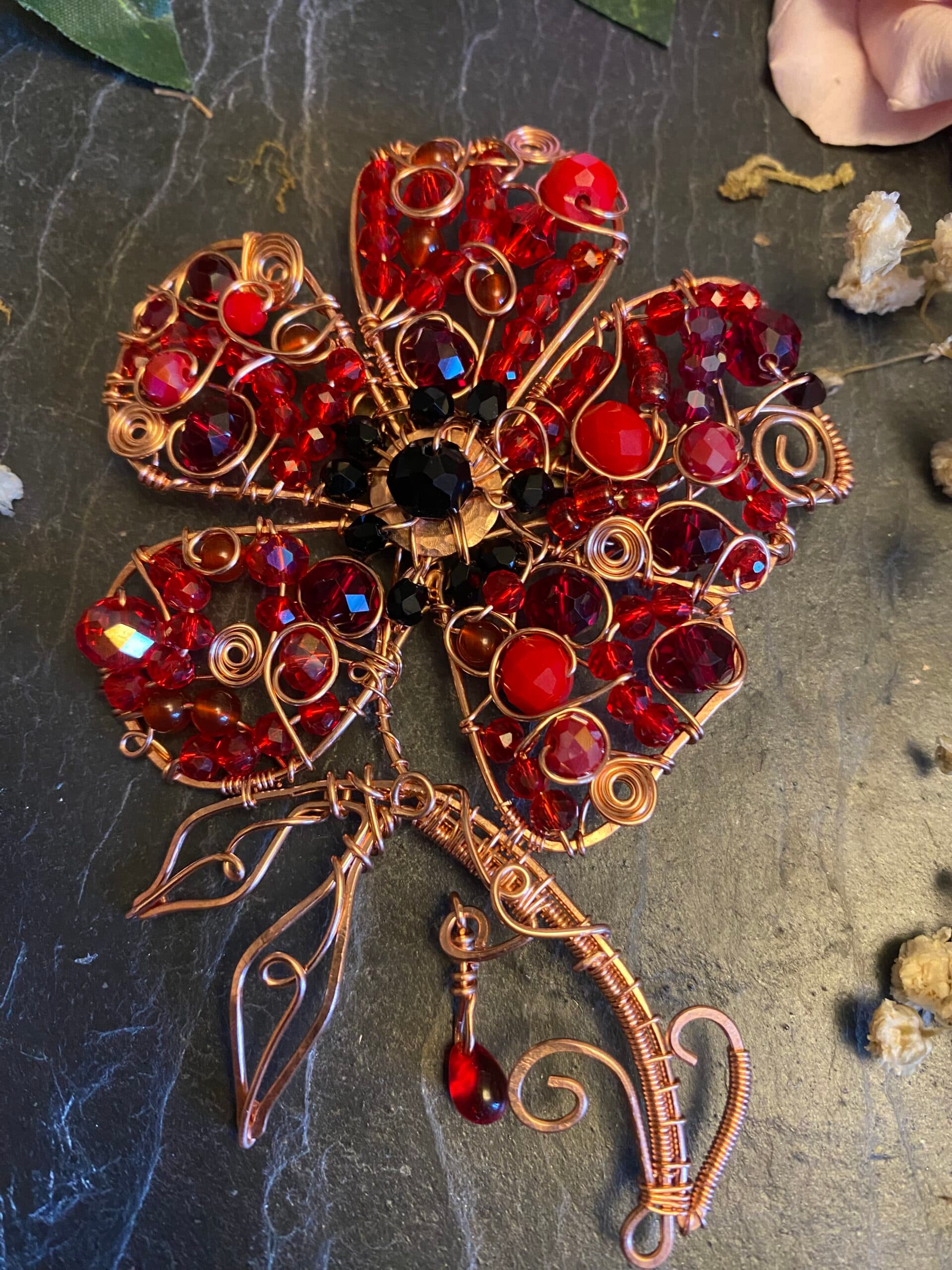 Handmade Remembrance Poppy Brooch | Copper Wire & Red Beads, view 10