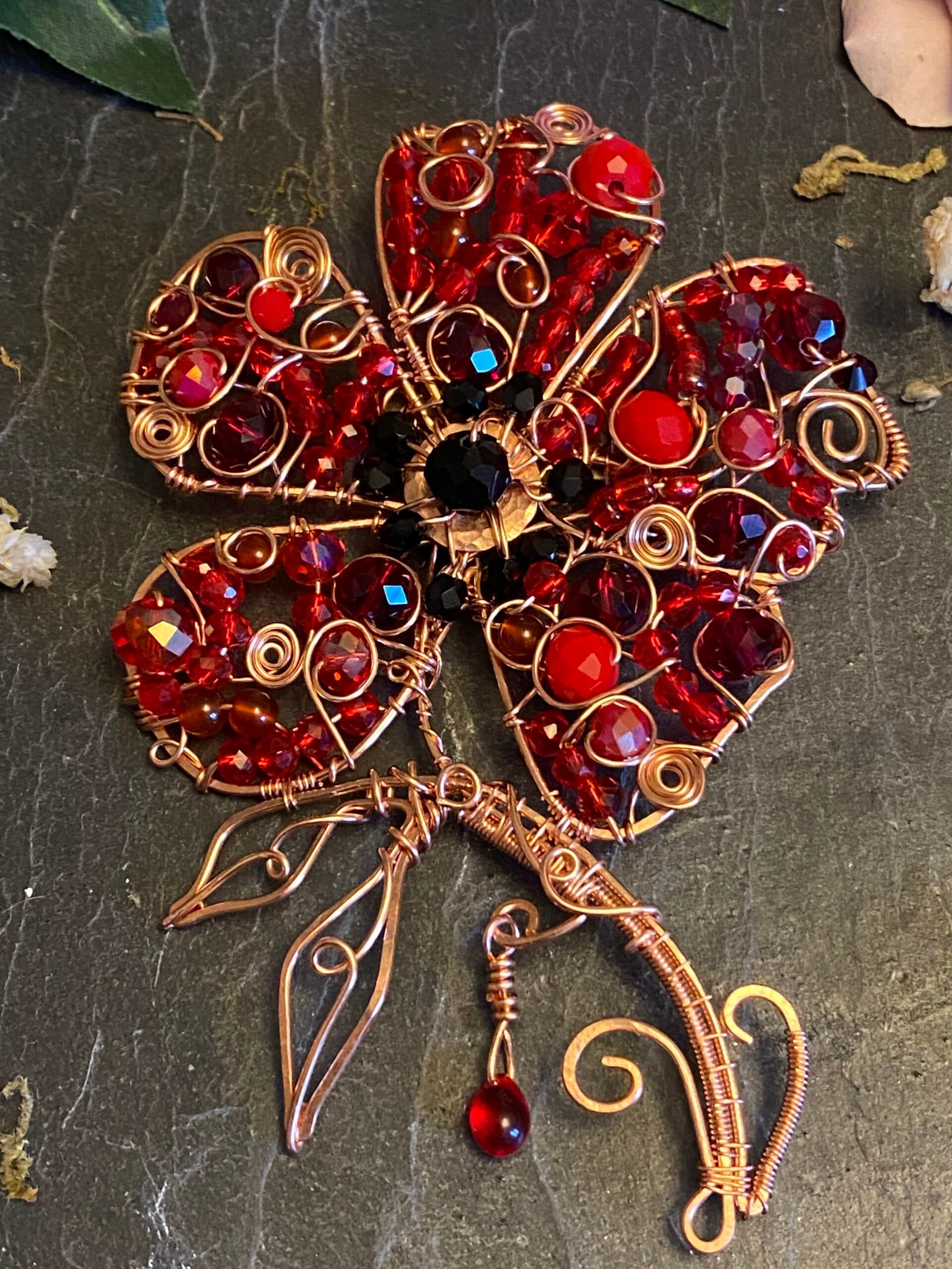 Handmade Remembrance Poppy Brooch | Copper Wire & Red Beads, view 5