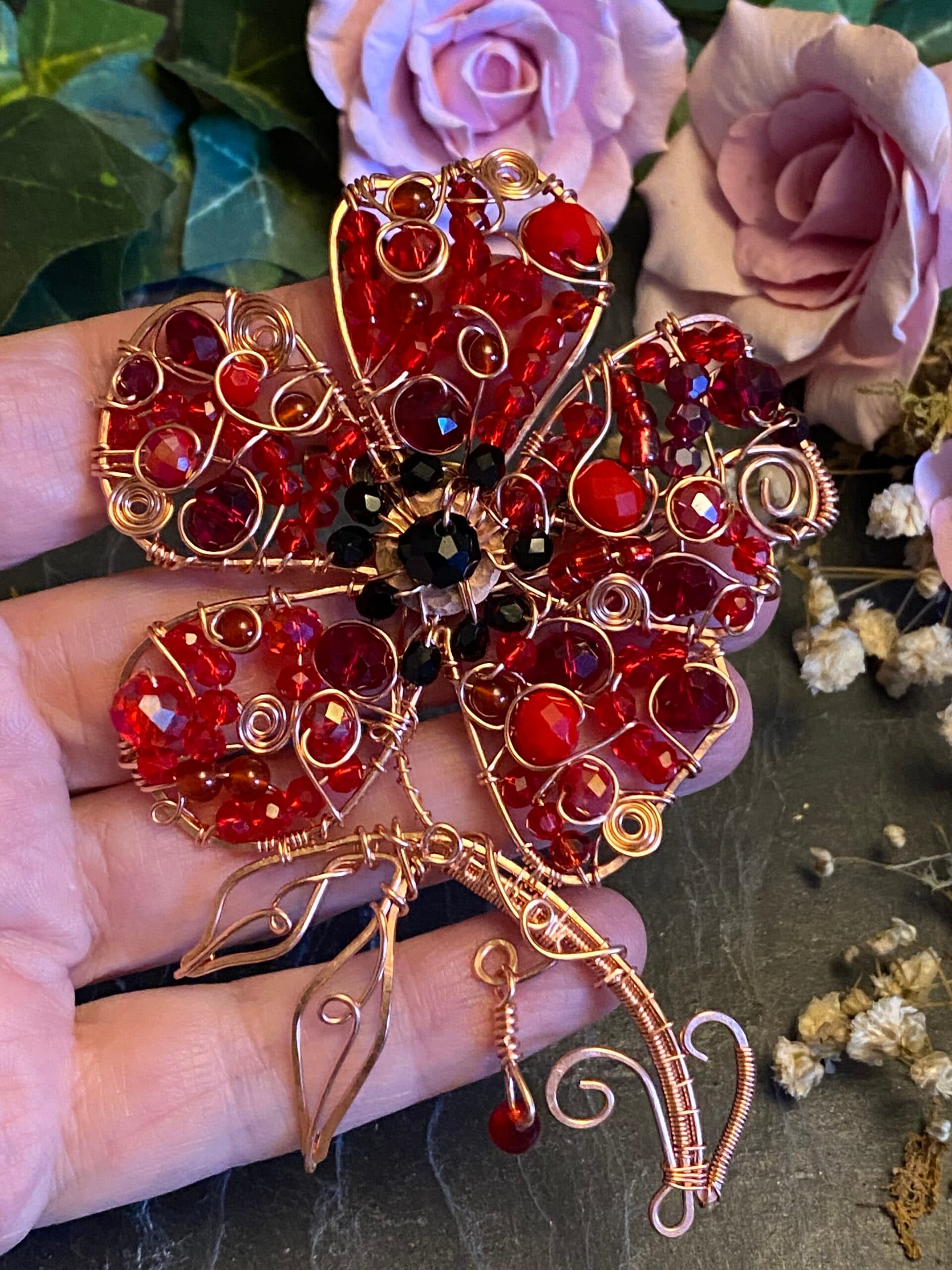 Handmade Remembrance Poppy Brooch | Copper Wire & Red Beads, view 4