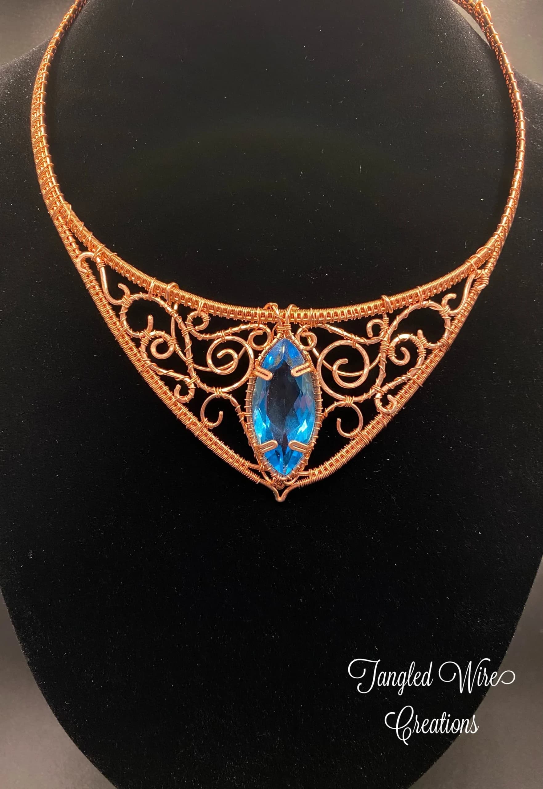Blue Topaz Copper Filigree Bib Necklace