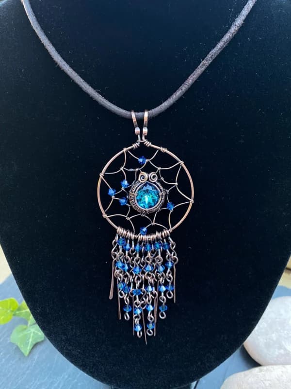 Blue Crystal Dreamcatcher Pendant – Copper Wire Wrapped Jewelry with Crystals