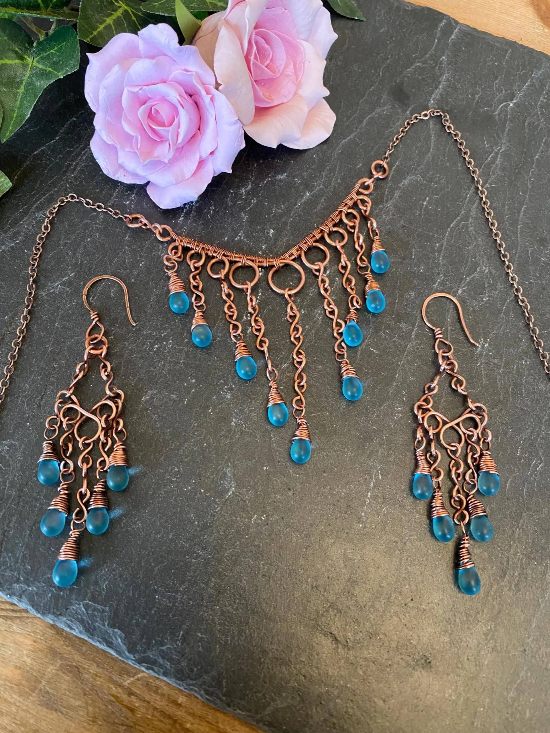 Bare Copper Wire and blue glass tear drop dangle necklace with matching copper earrings