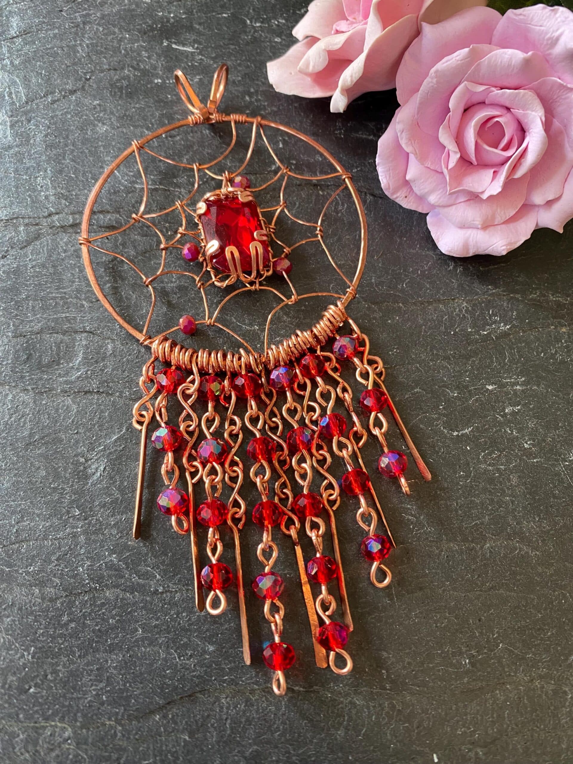 Copper Dreamcatcher Charm — Handmade Window & Rearview Mirror Suncatcher
