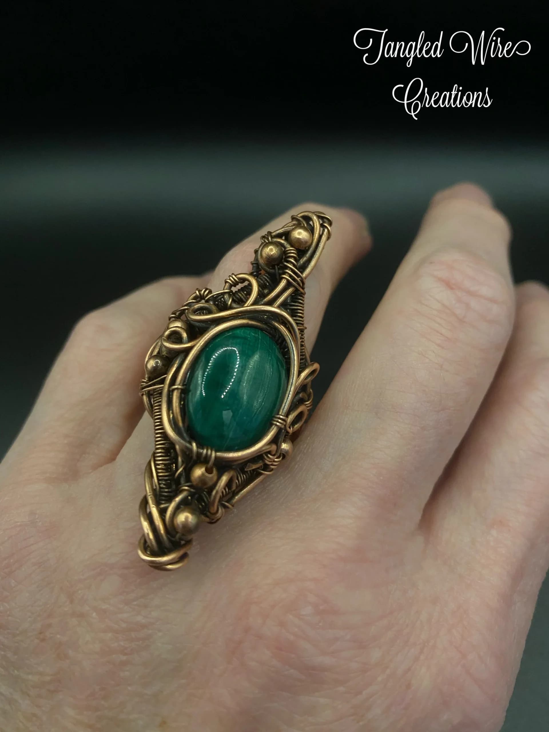 Copper and Green Malachite Wire Woven Ring