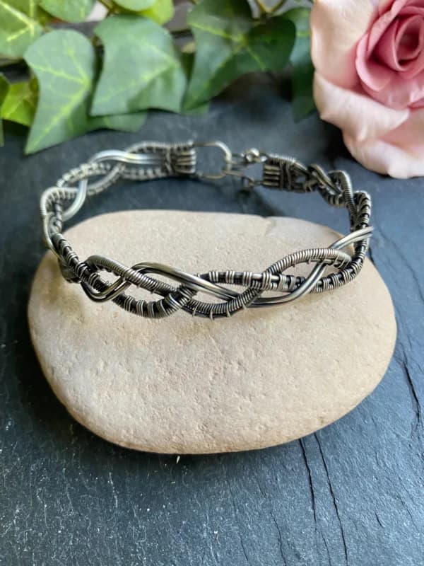 Braided Silver-Filled Bangle – Handmade Wire Woven Bracelet