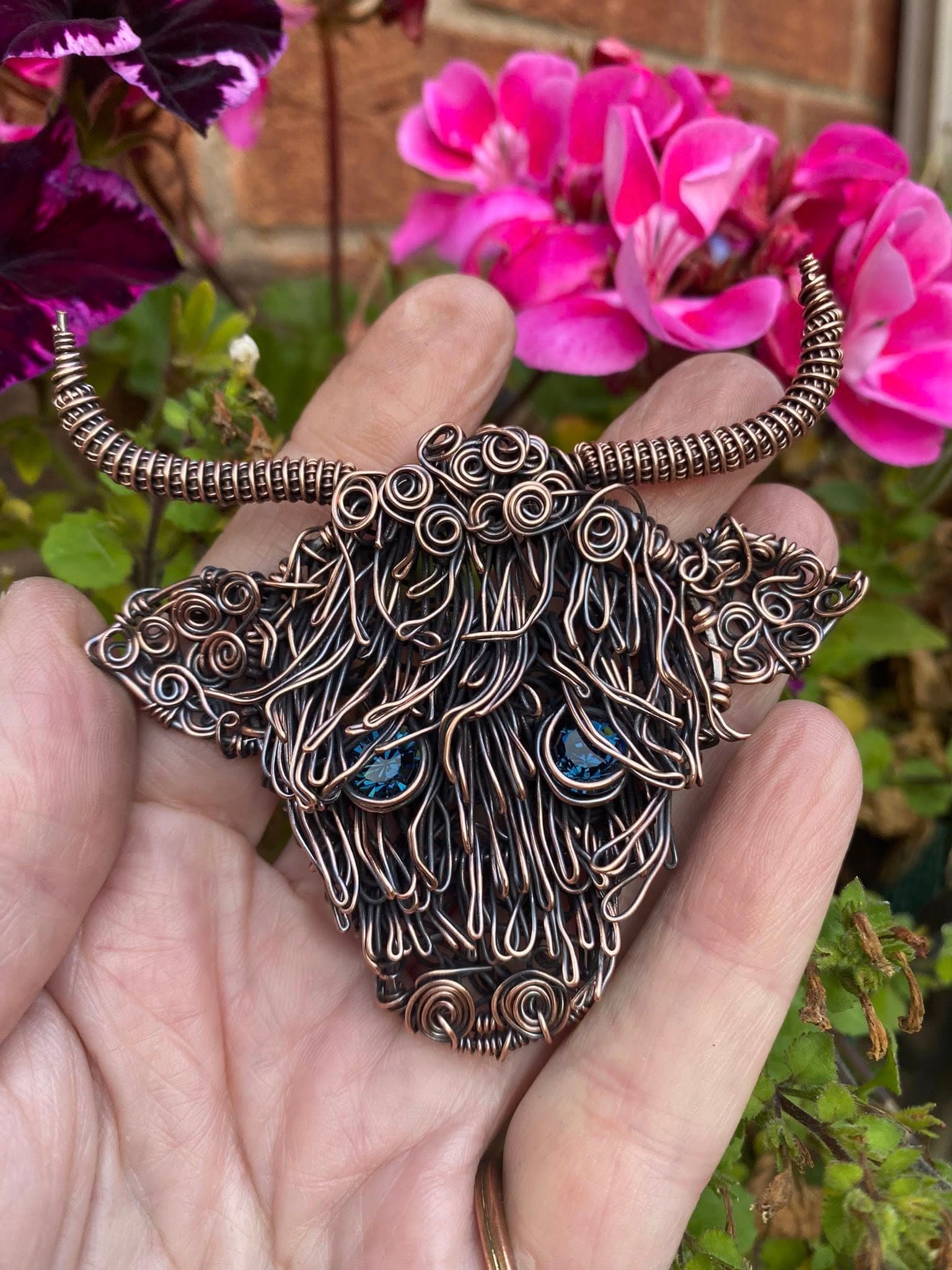 Handmade Copper Highland Cow Brooch – Woven Copper with Swarovski Crystal Eyes