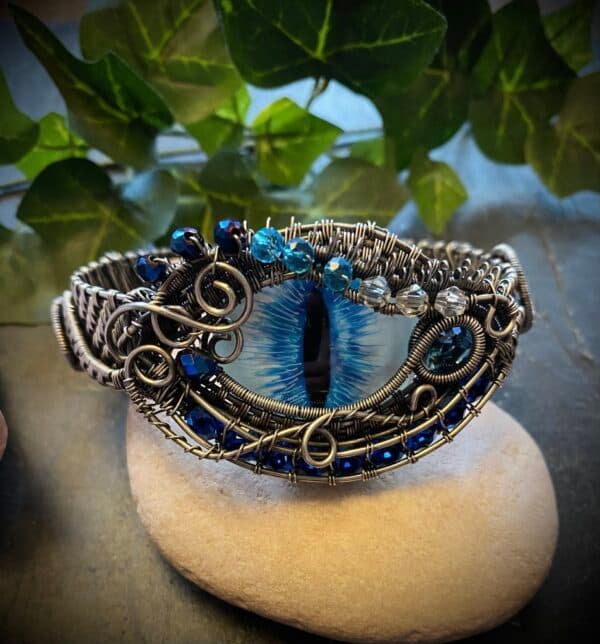 Blue and White Frost Dragon Eye Cuff Bracelet – Silver Filled Wire Jewelry