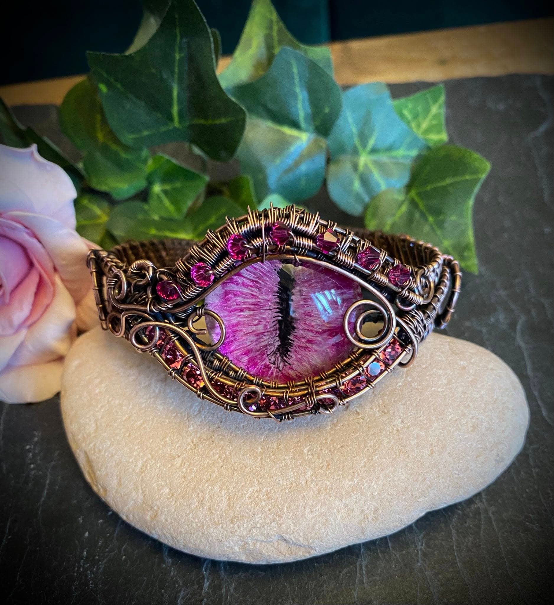 Handcrafted Pink Dragon Eye Cuff Bracelet with copper wire weaving and Austrian crystals