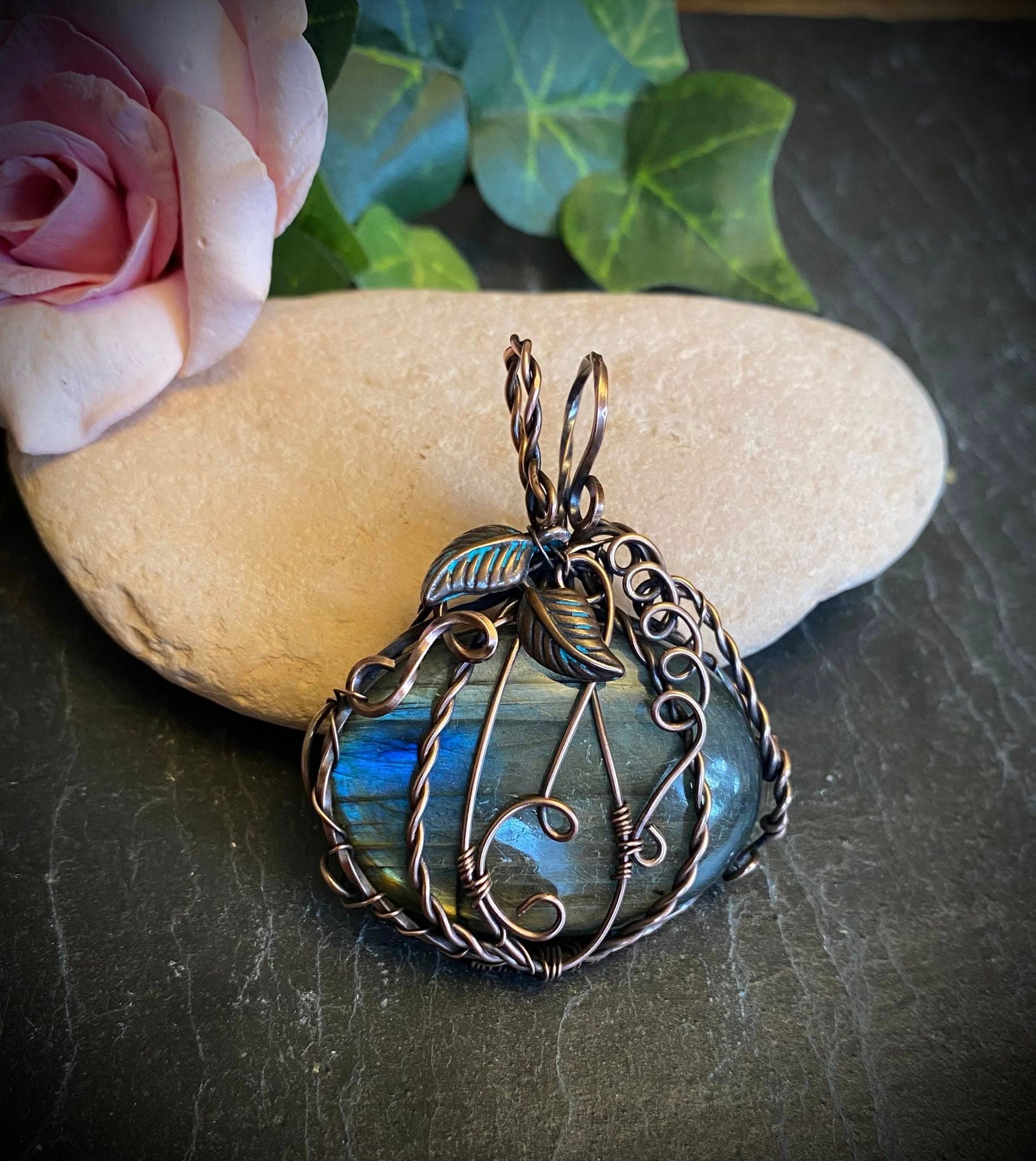 Labradorite Copper Wire Wrapped Pumpkin Pendant with Copper Leaves