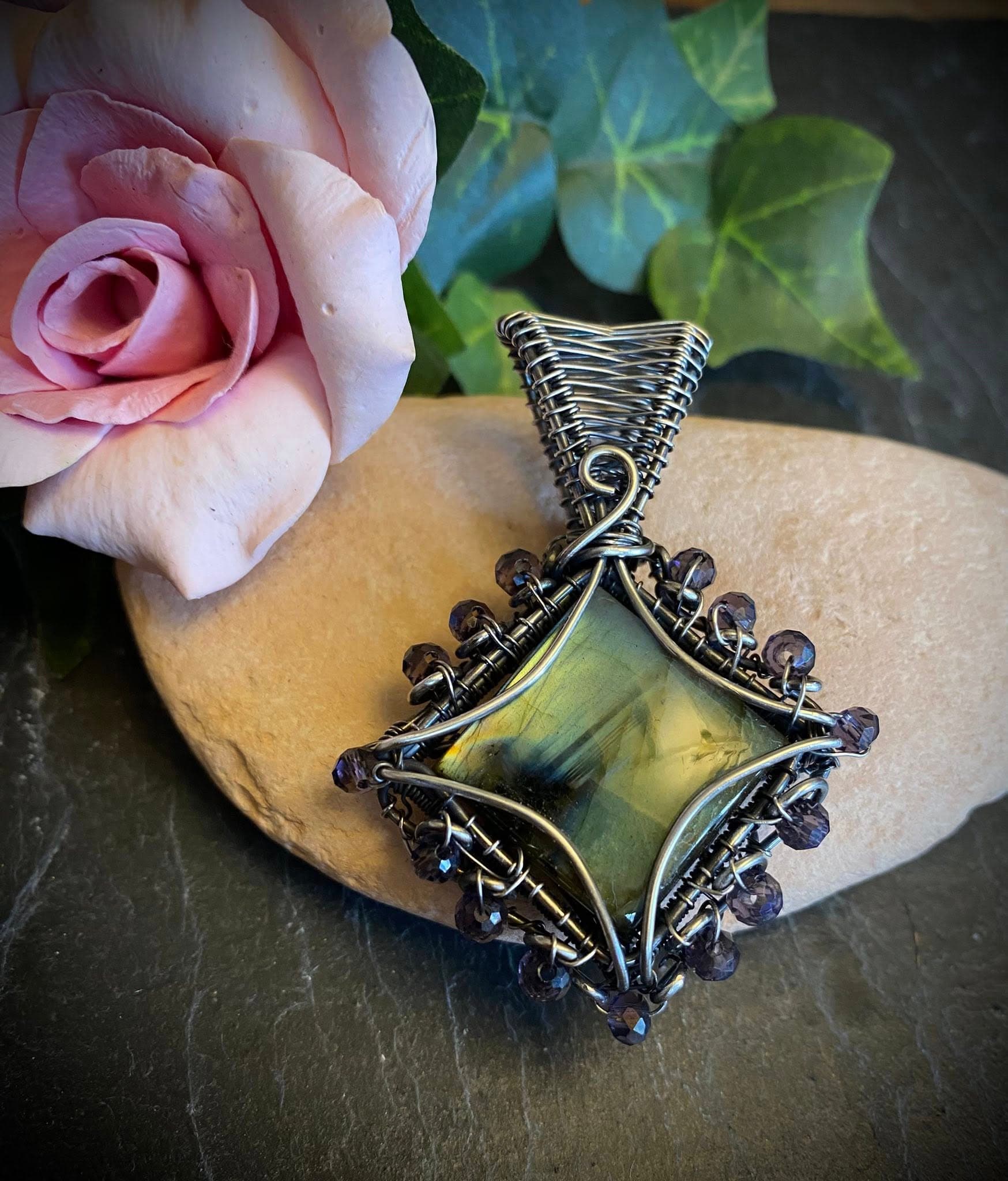Square Blue-Green Flash Labradorite Wire-Wrapped Pendant