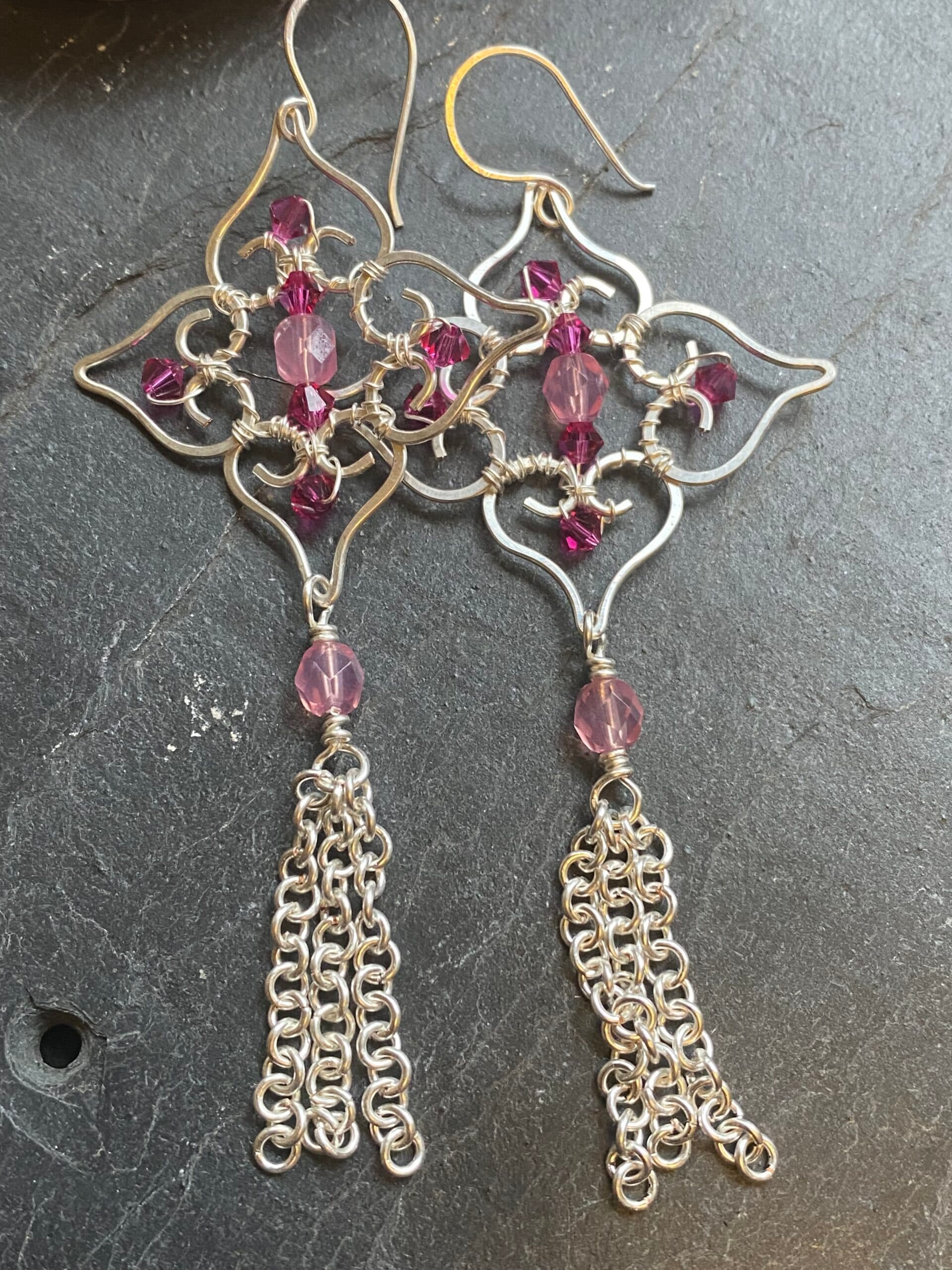 Silver Plated Filigree Drop Earrings with Pink Beads