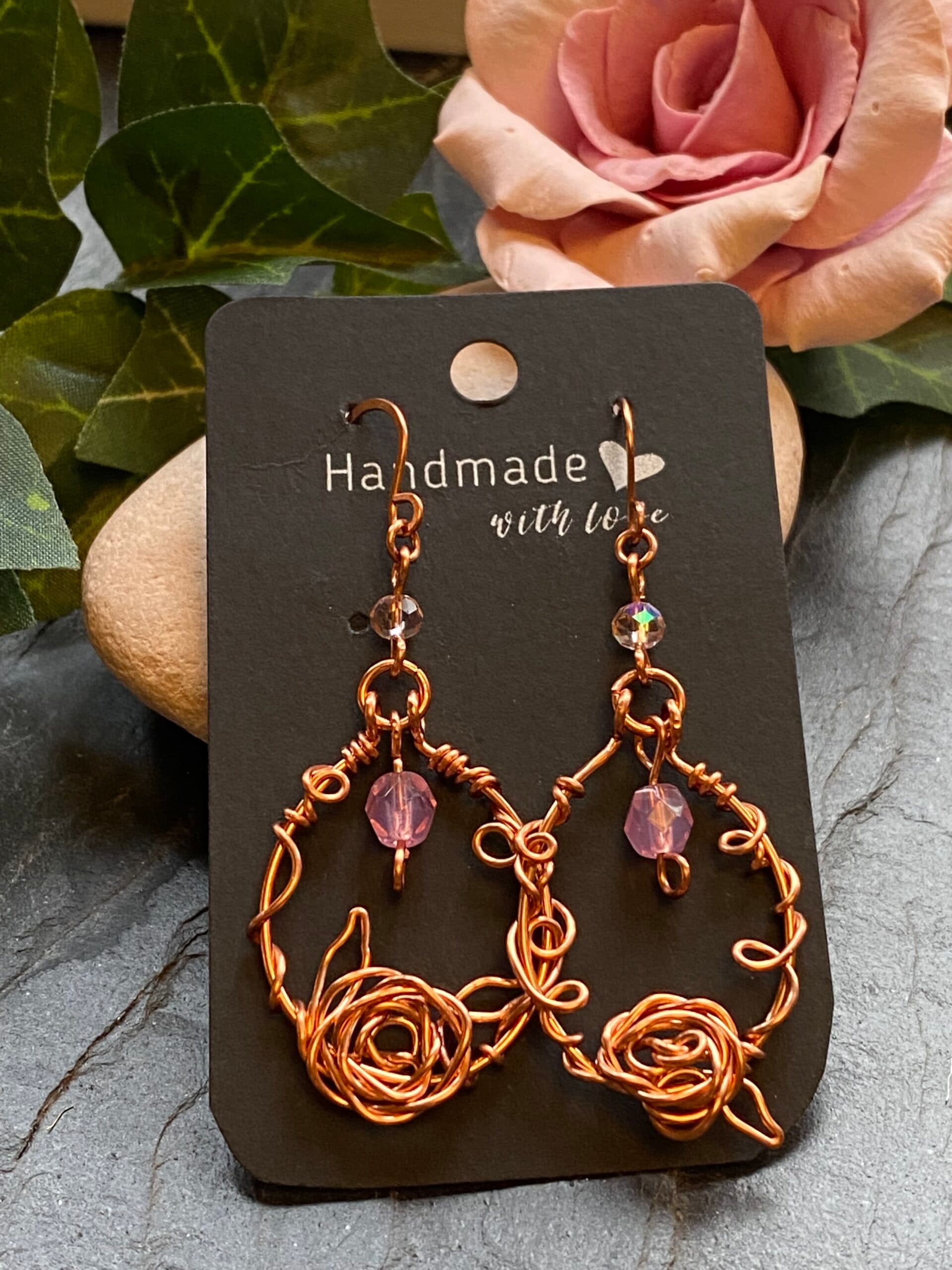 copper loop earrings with wire rose handmade copper loop earrings with pink beads copper wire rose earrings