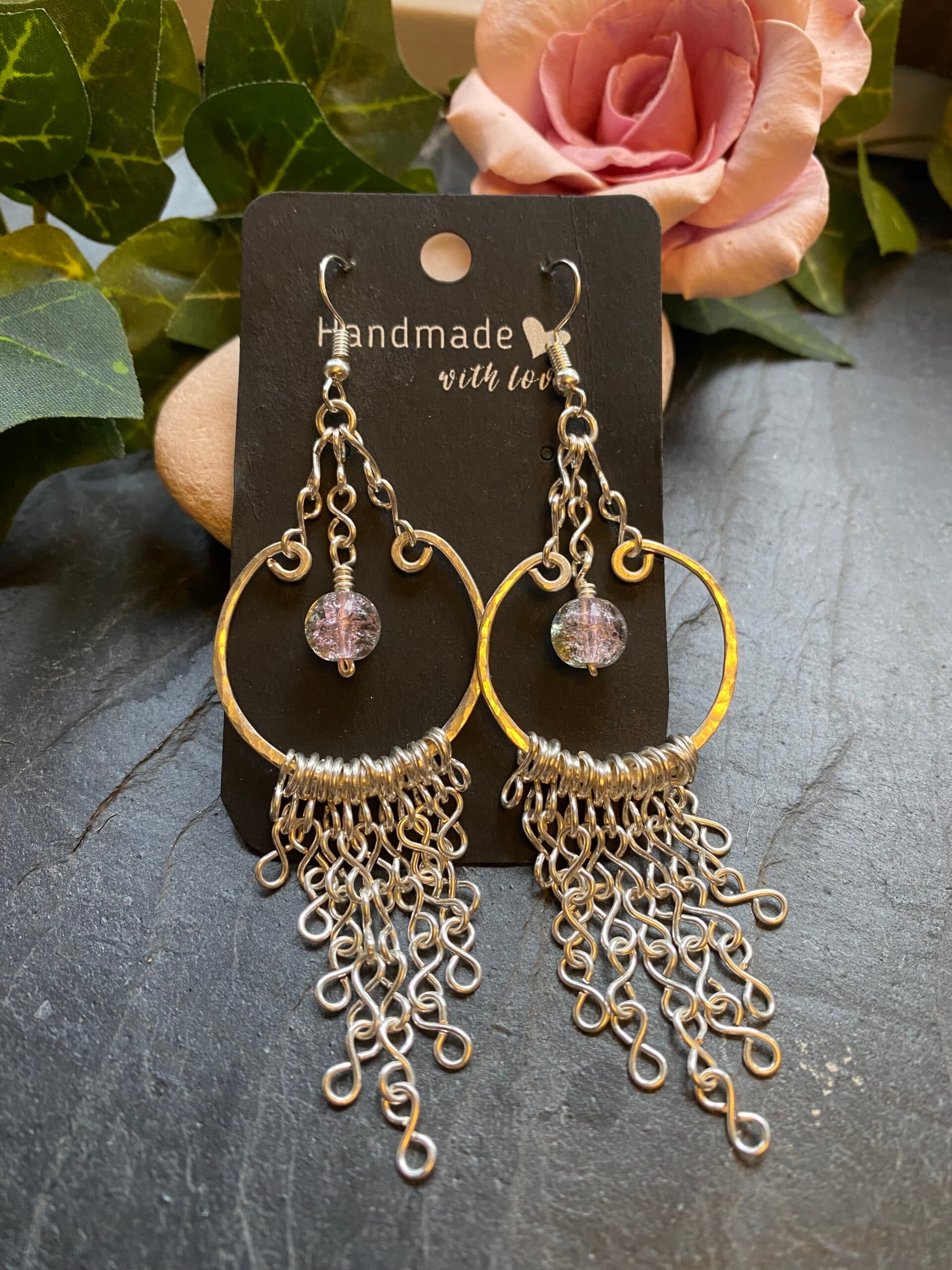 silver plated loop earrings with fringe chains handmade silver plated loop earrings with pink bead silver plated hammered loop earrings