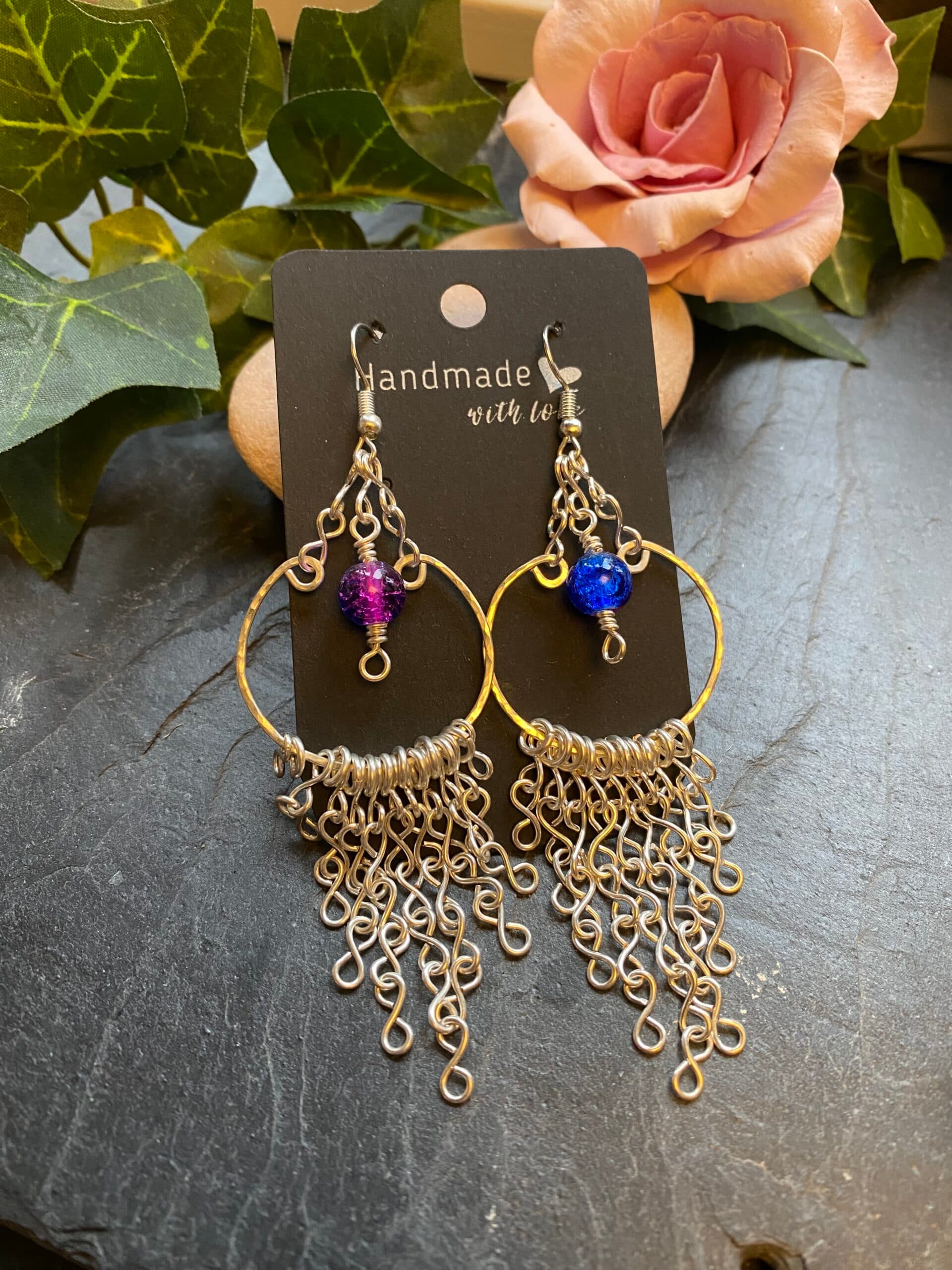 silver plated loop earrings with blue and pink beads handmade silver plated loop earrings with fringe chains silver plated hammered loop earrings with crackle beads