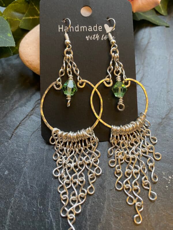 silver plated loop earrings with green glass bead handmade silver plated loop earrings with fringe chains silver plated hammered loop earrings with bicone bead