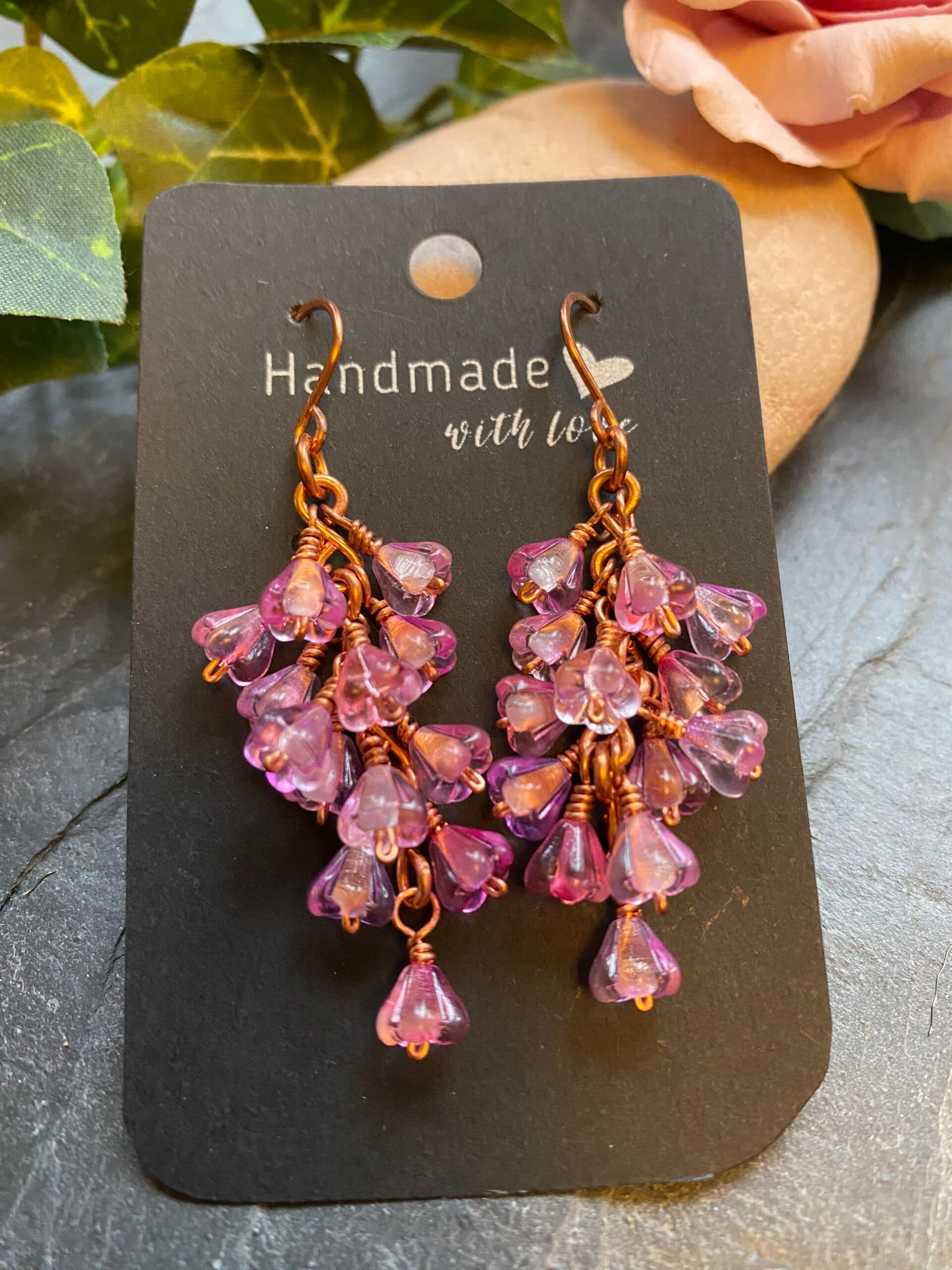 cherry blossom earrings with Czech glass flowers handmade cherry blossom earrings copper wire Czech glass flower drop earrings