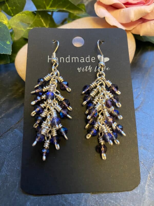 blue glass earrings silver plated wire handmade blue AB glass drop earrings iridescent blue glass earrings