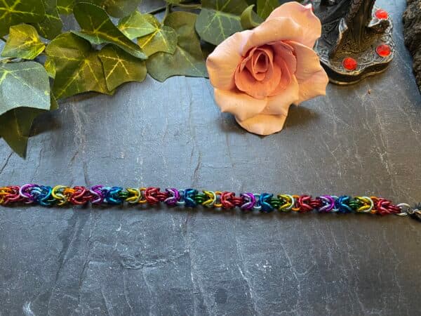 Rainbow Byzantine weave chainmail bracelet made from anodised aluminium Handmade chainmail bracelet with colourful Byzantine pattern Lightweight aluminium chainmail bracelet with extended rainbow colours
