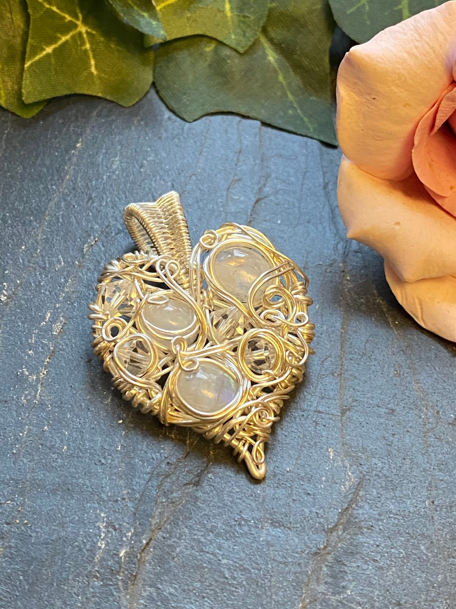 Silver filled wire heart pendant with rainbow moonstone Handmade chaos weave heart pendant with moonstone stones Silver wire heart pendant with Swarovski bicone beads