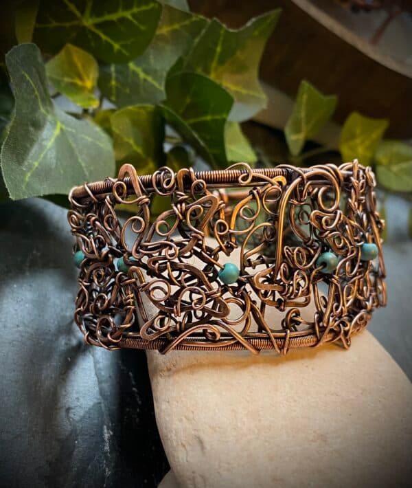 Copper flower filigree bangle with turquoise beads Handmade antiqued copper filigree bracelet Adjustable copper wire bangle with turquoise accents