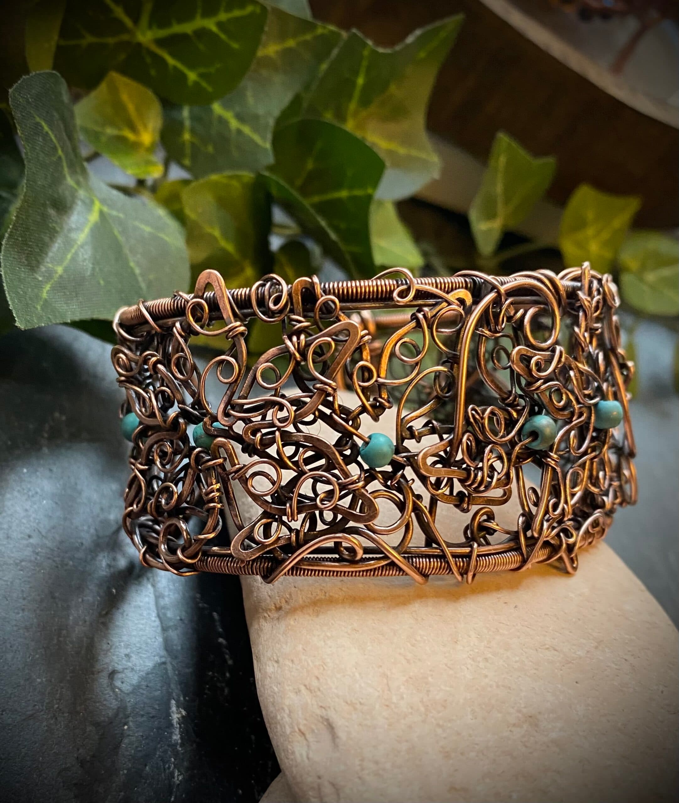 Copper flower filigree bangle with turquoise beads Handmade antiqued copper filigree bracelet Adjustable copper wire bangle with turquoise accents