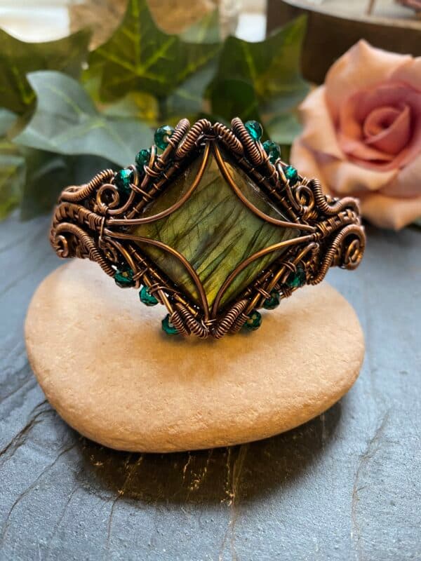 Square Labradorite copper cuff bracelet with green and blue flash