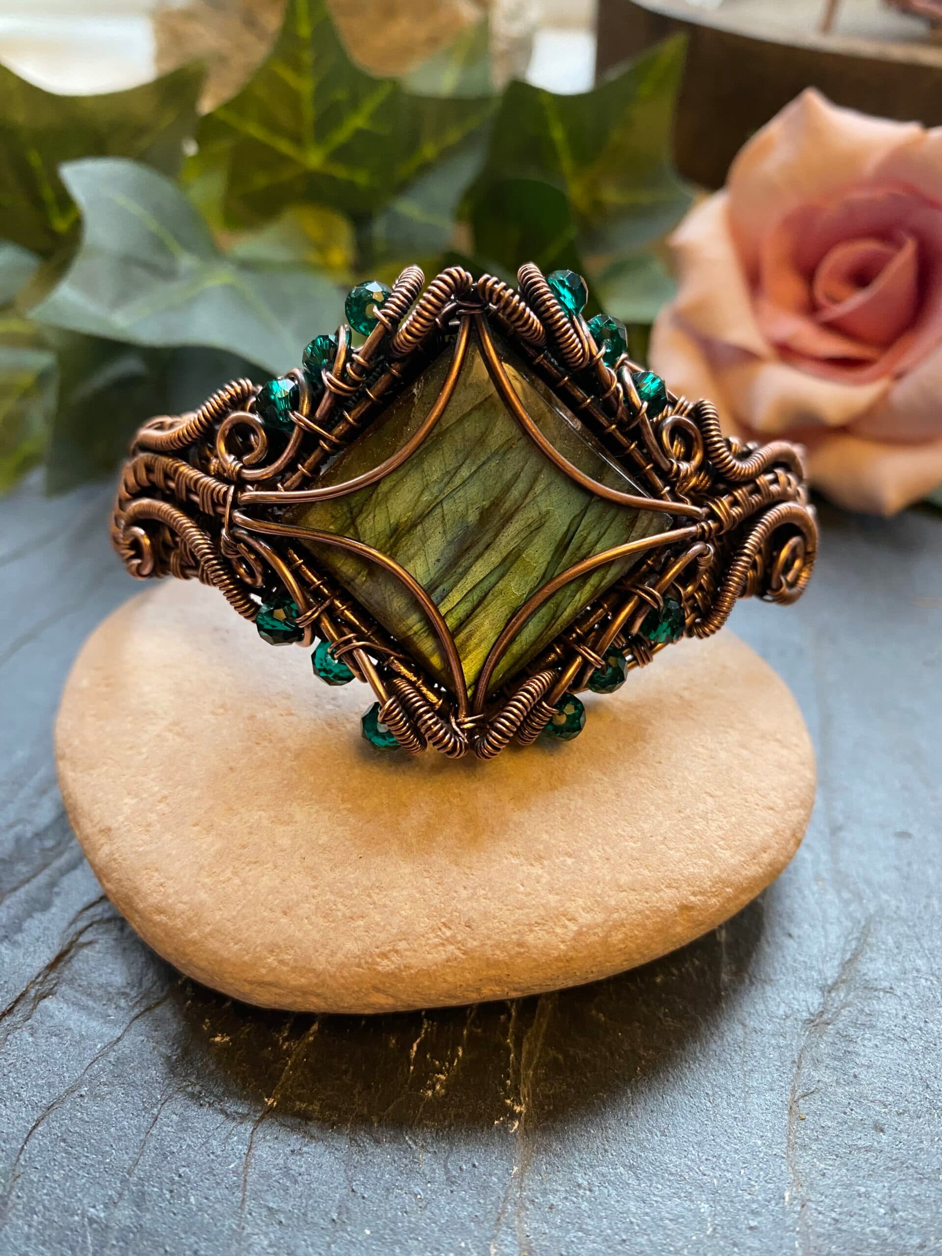 Square Labradorite copper cuff bracelet with green and blue flash