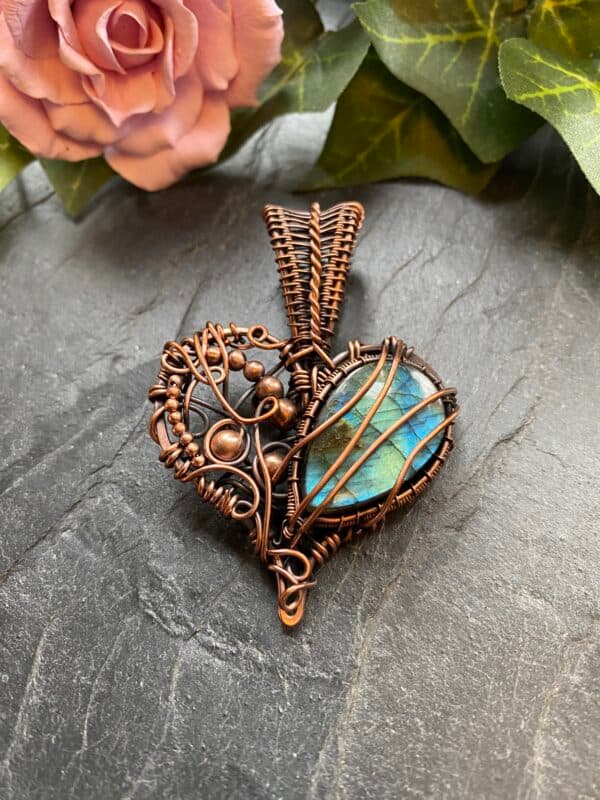 Copper wire wrapped heart pendant with teardrop labradorite in chaos weave setting on handmade copper chain
