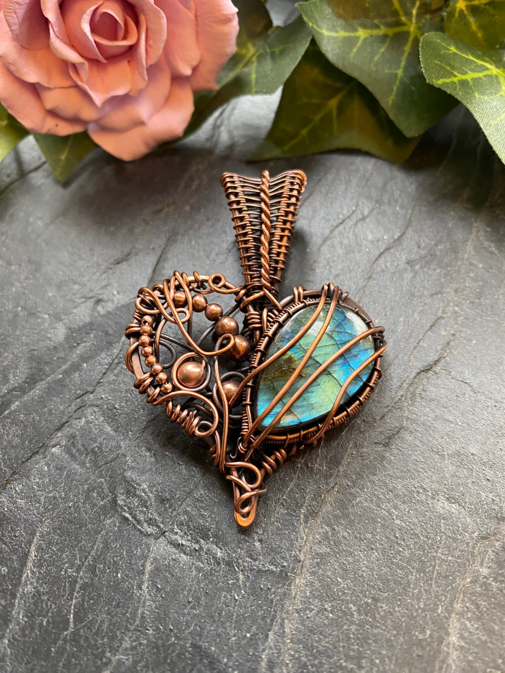 Copper wire wrapped heart pendant with teardrop labradorite in chaos weave setting on handmade copper chain