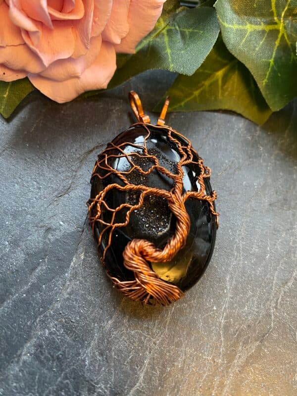 Handmade black onyx druzy tree of life pendant wrapped in copper wire with matching chain