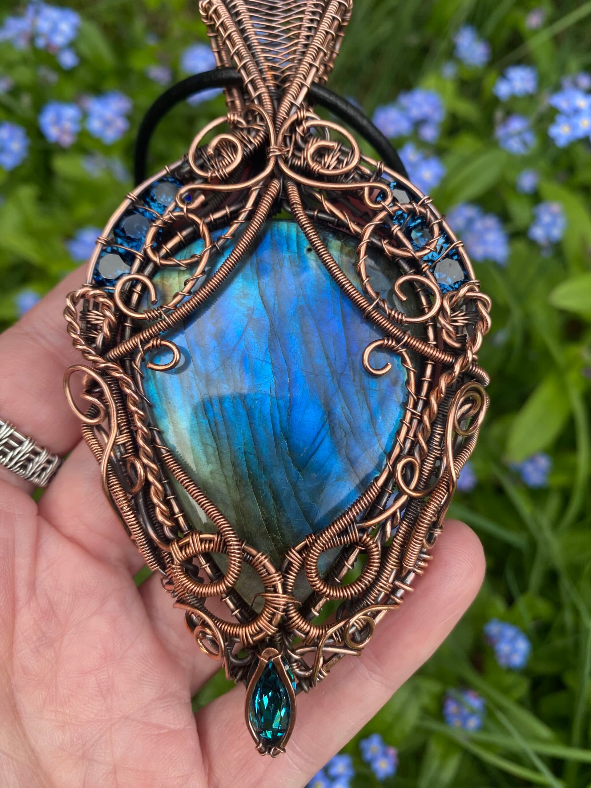 Large blue flash labradorite statement necklace in bare copper wire with vintage Swarovski crystal detail