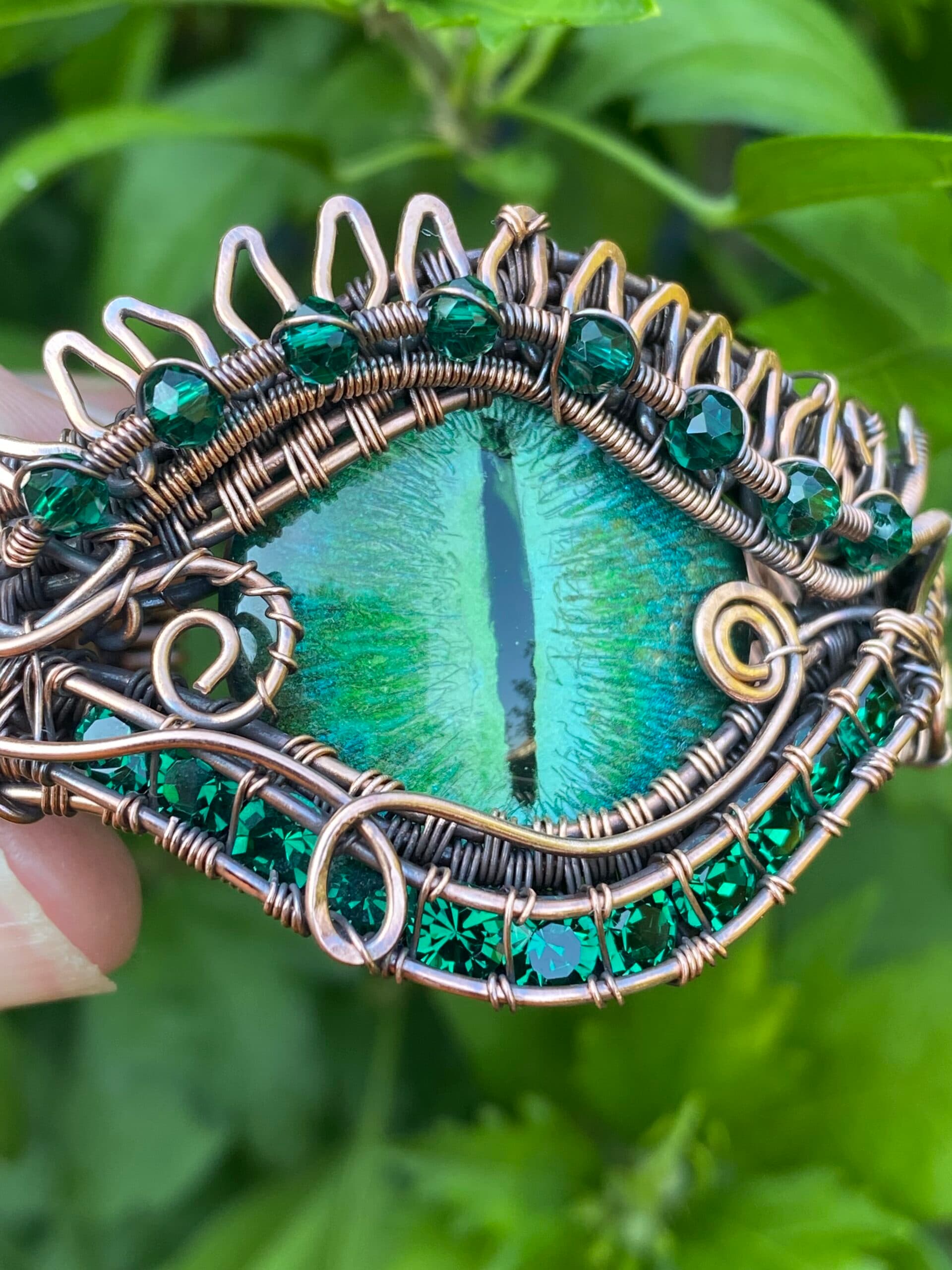 Forest Dragon copper cuff bracelet with hand painted blue green dragon eye and 11 strand woven copper design