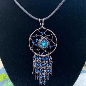 Blue Crystal Dreamcatcher Pendant – Copper Wire Wrapped Jewelry with Crystals