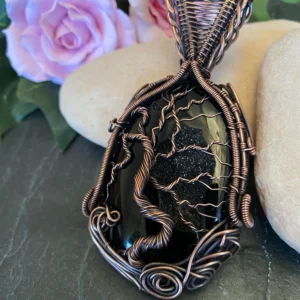 alt="Black Onyx Tree of Life pendant with druzy agate cabochon" alt="Handmade copper wire wrapped Tree of Life pendant" alt="Unique Black Onyx Tree of Life jewelry with leather cord"