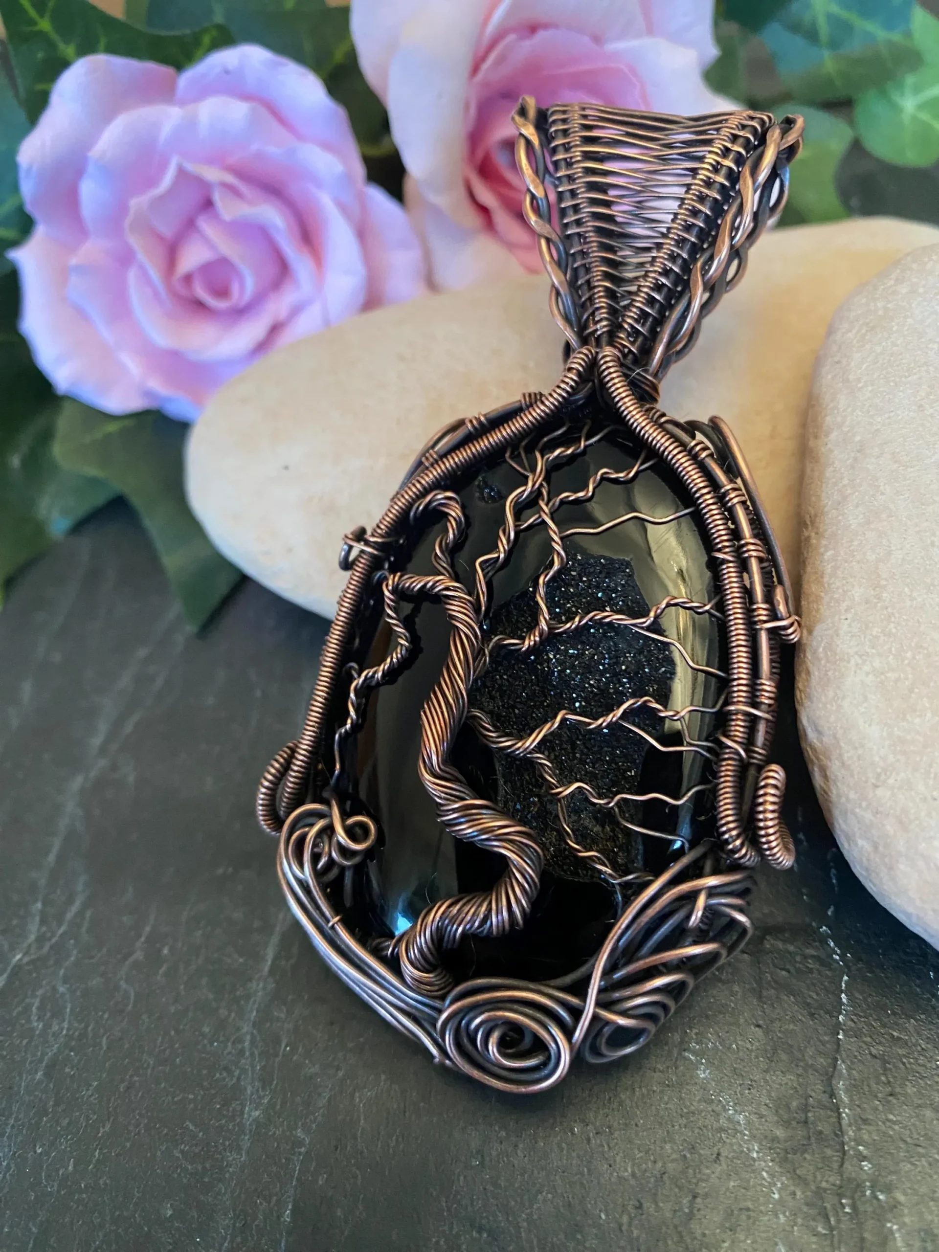 alt="Black Onyx Tree of Life pendant with druzy agate cabochon" alt="Handmade copper wire wrapped Tree of Life pendant" alt="Unique Black Onyx Tree of Life jewelry with leather cord"