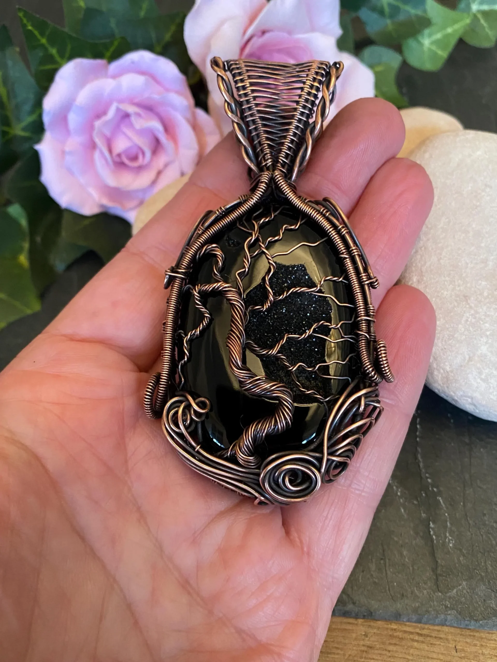 Black Onyx Druzy Agate Geode Tree of Life Pendant - Image 5