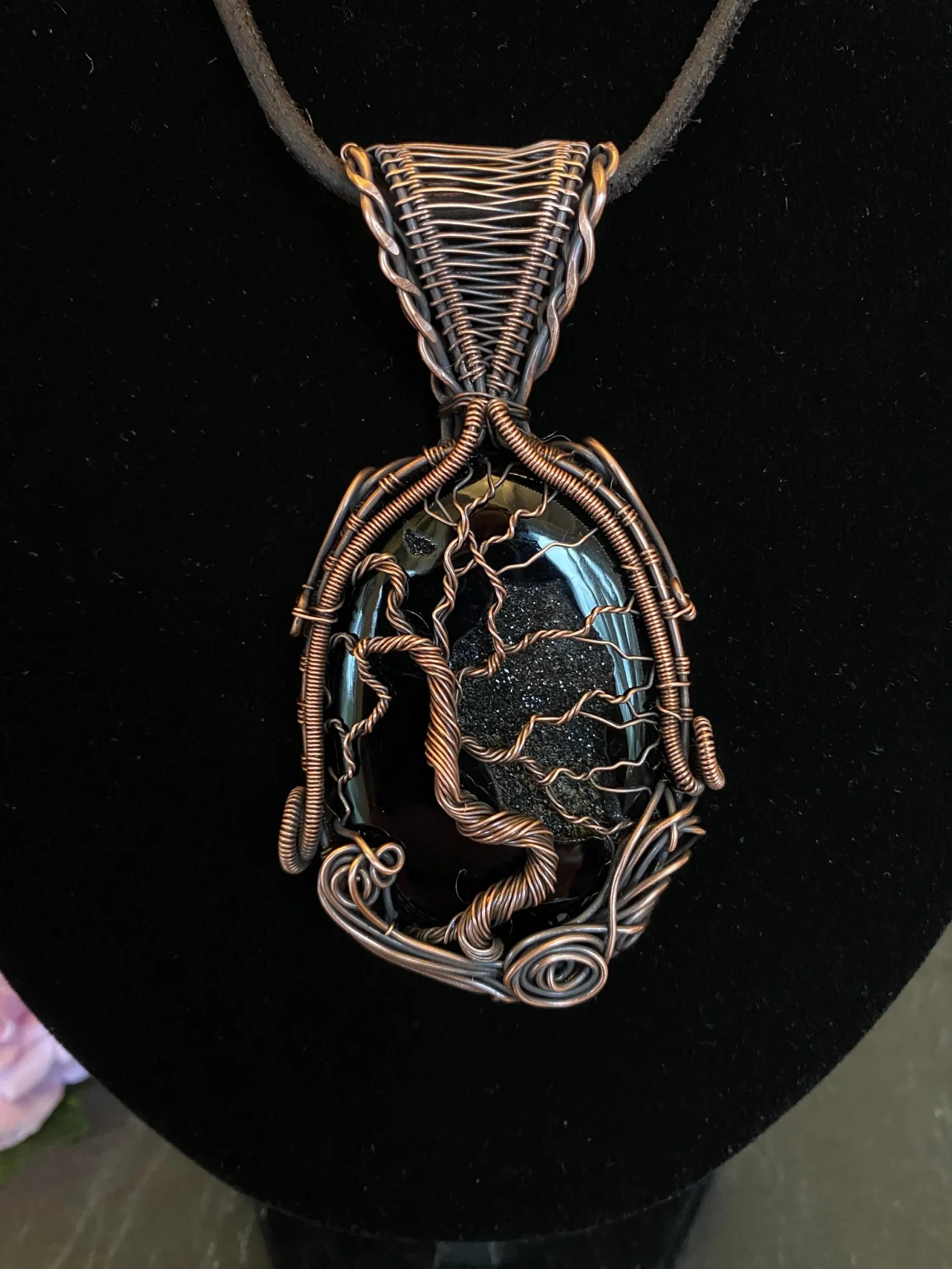 Black Onyx Druzy Agate Geode Tree of Life Pendant - Image 2