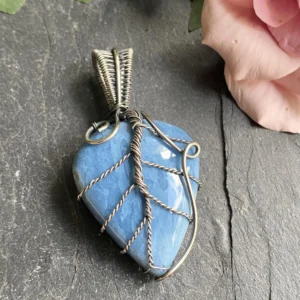 Blue Angelite Leaf Pendant – Wire Wrapped Elven Silver Necklace
