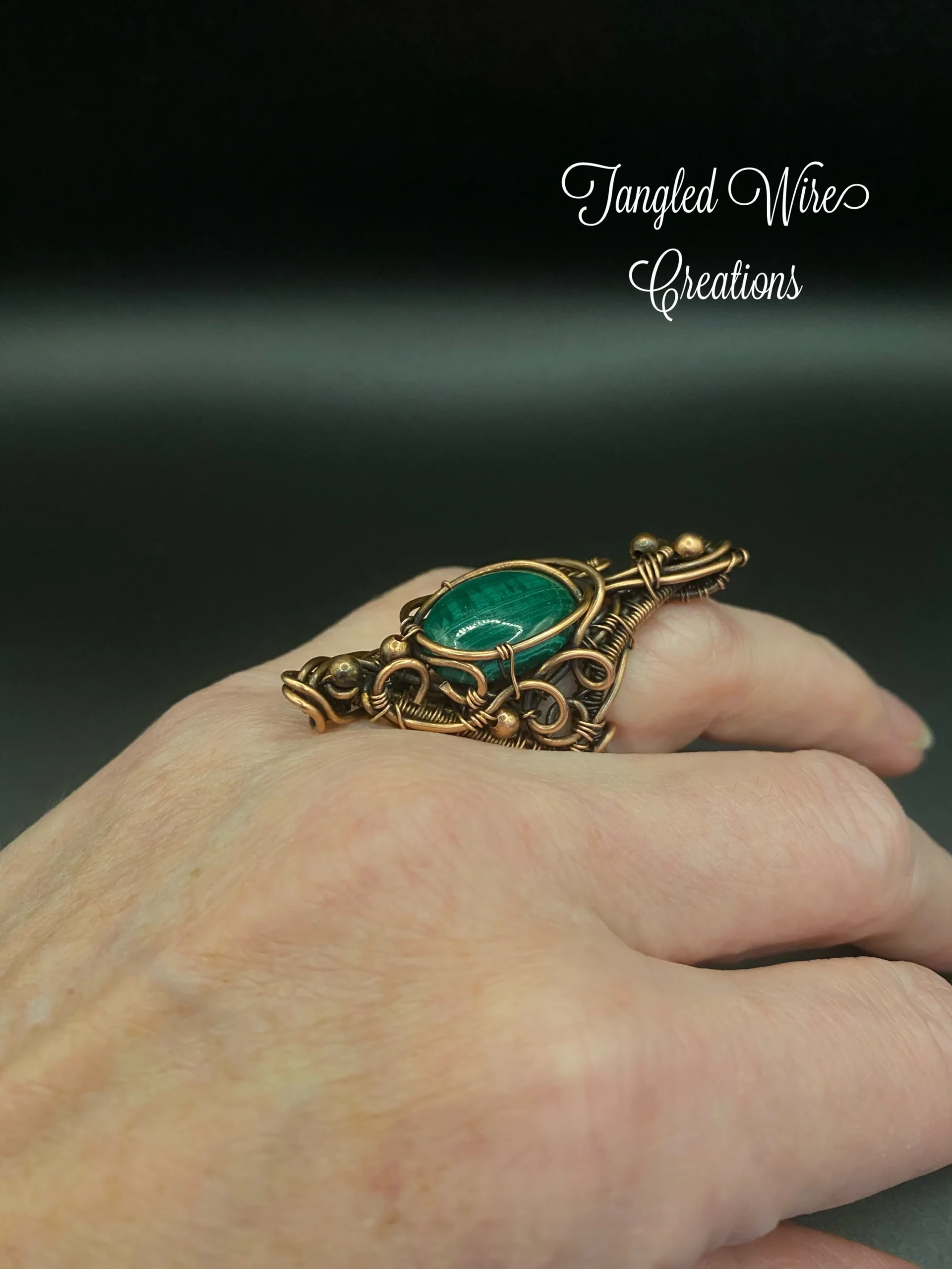 Copper and Green Malachite Wire Woven Ring - Image 2