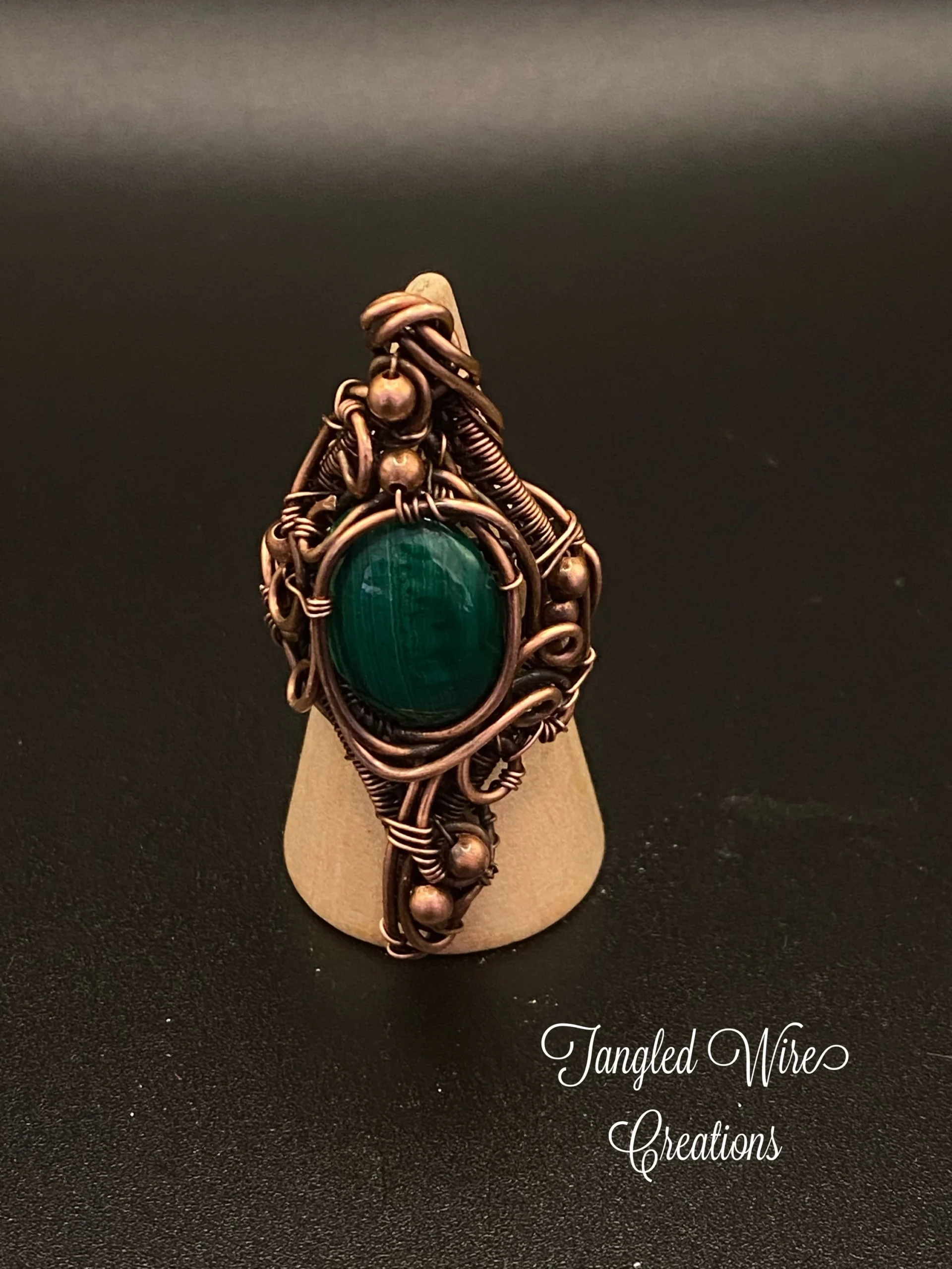 Copper and Green Malachite Wire Woven Ring - Image 3