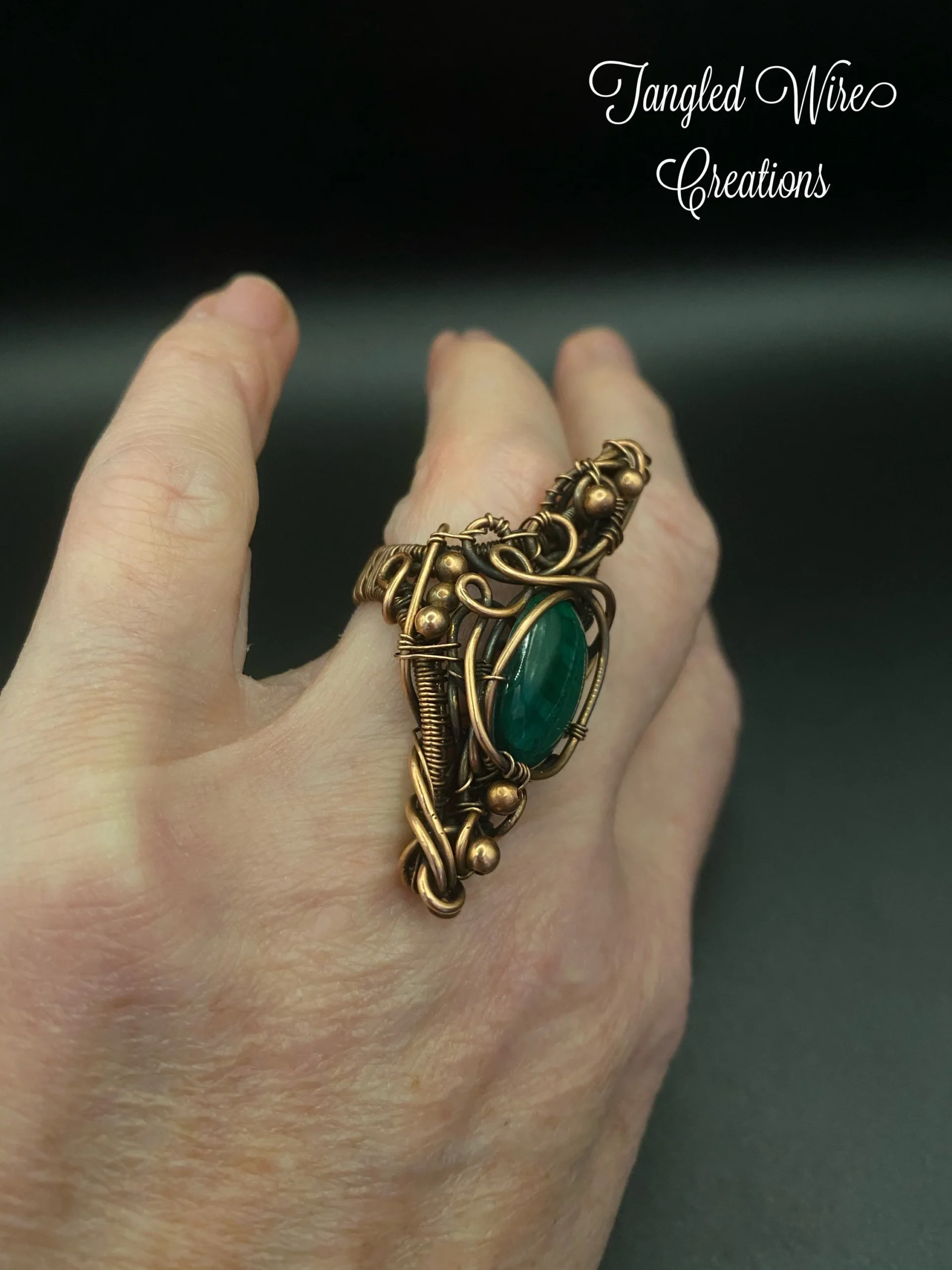 Copper and Green Malachite Wire Woven Ring - Image 4