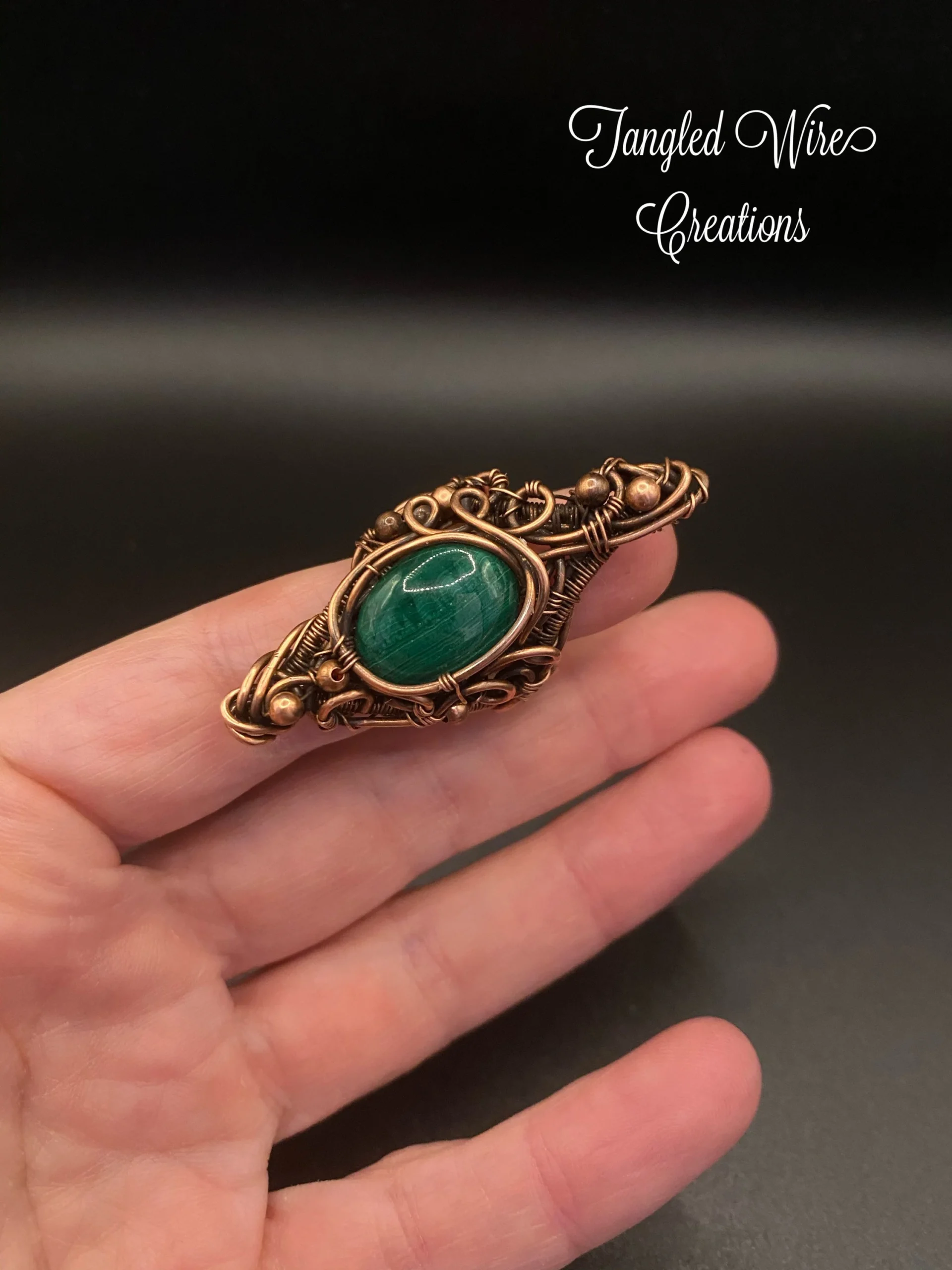 Copper and Green Malachite Wire Woven Ring - Image 7